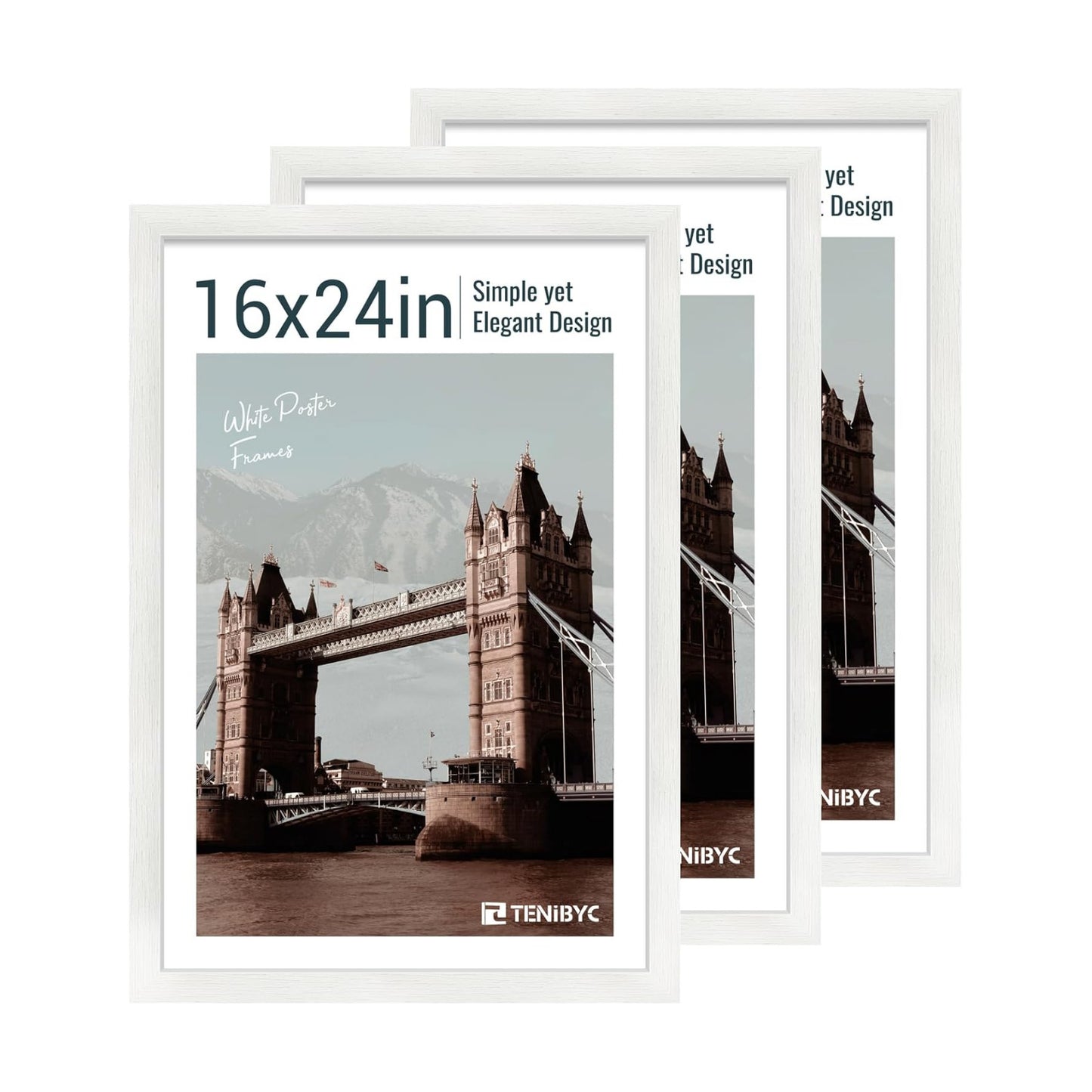 16x24 Picture Frame, White Wood, 3 Pack, Wall Hanging for Poster | Thick Polished Plexiglass, Travel Poster Frame for
