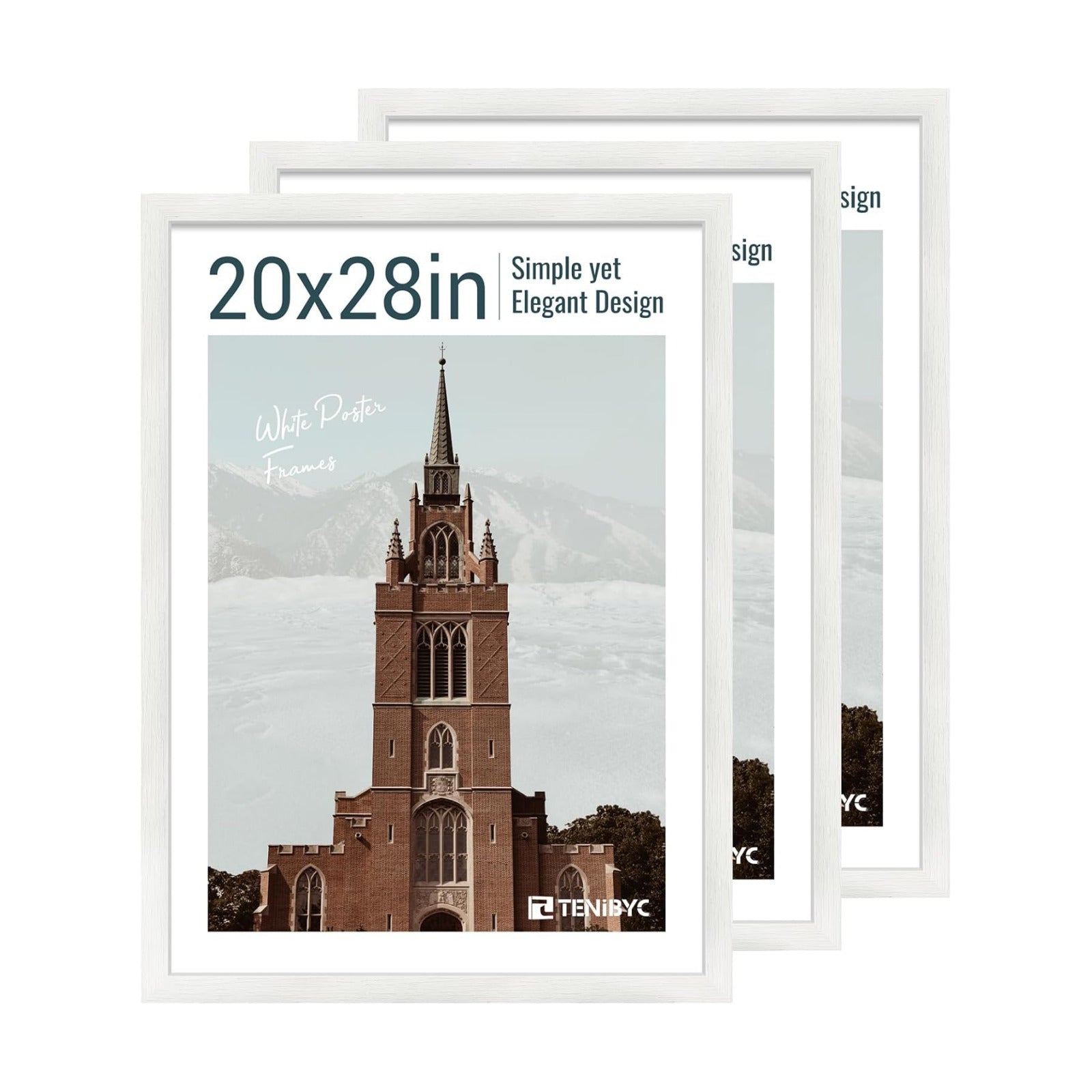 20x28 Picture Frame, White Wood, 3 Pack, Wall Hanging for Poster | Thick Polished Plexiglass, Large Poster Frame for