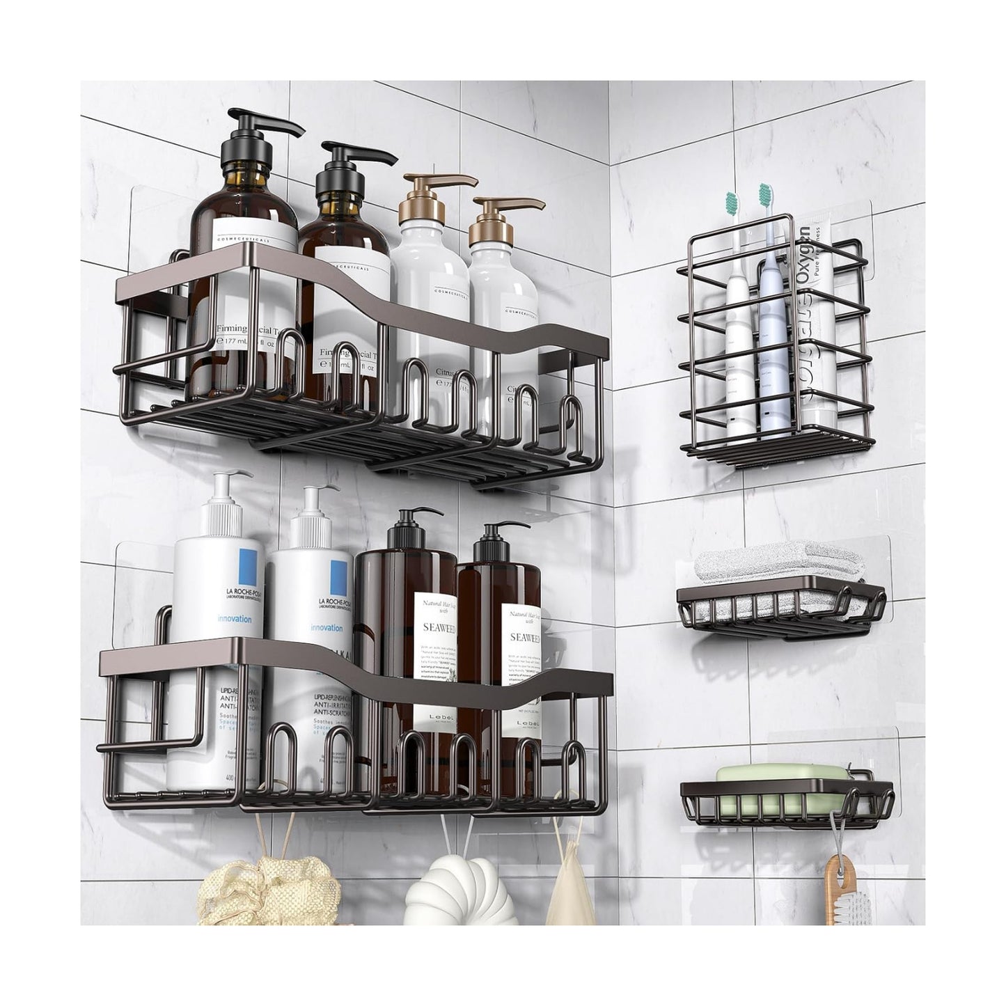 5-Pack Shower Caddy, No Drill Adhesive Shower Organizer, Rustproof Stainless Steel Bathroom Organizer, Space-Saving