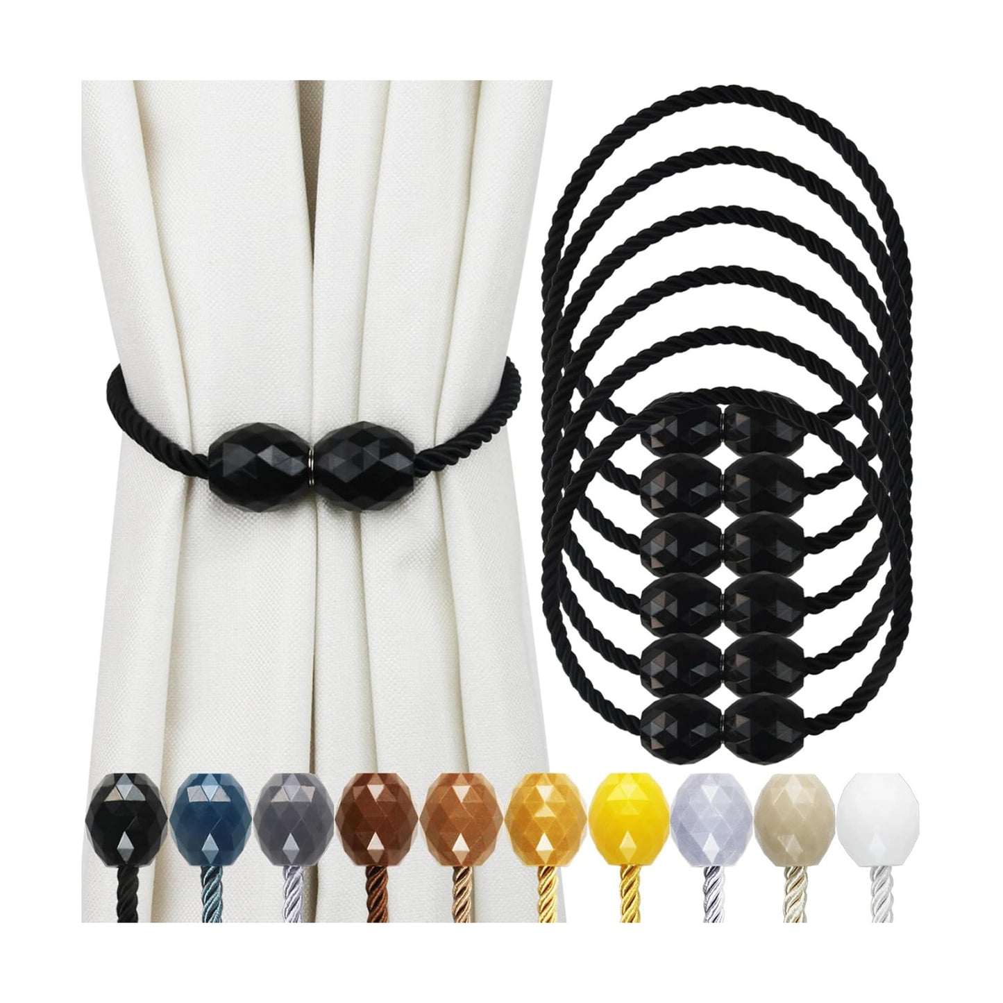 Strong Magnetic Curtain Tiebacks Decorative Rope Tie Backs Holdbacks Porlau | 6 Pack Black Outdoor Curtain Rope