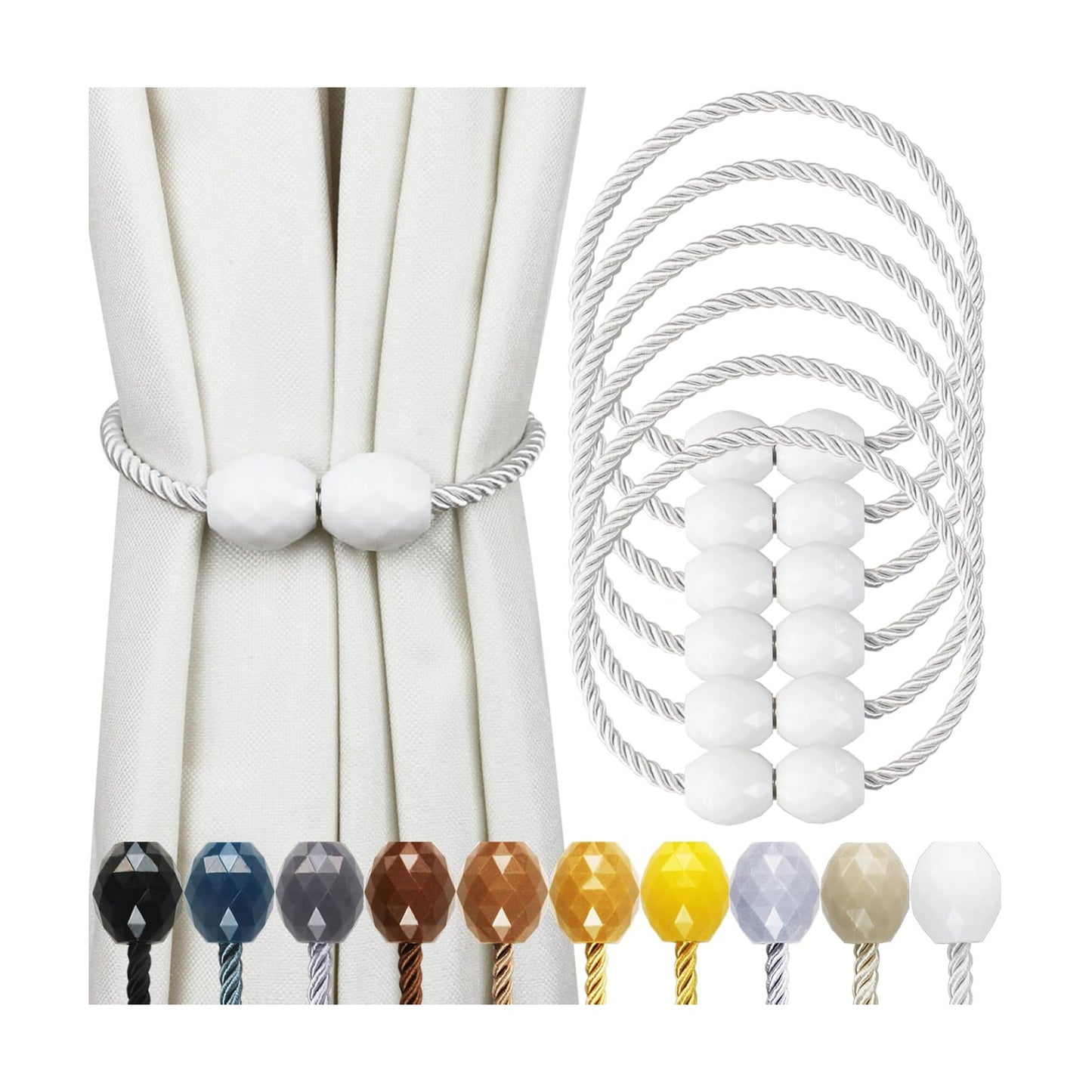 Strong Magnetic Curtain Tiebacks Decorative Rope Tie Backs Holdbacks Porlau | 6 Pack White Outdoor Curtain Rope