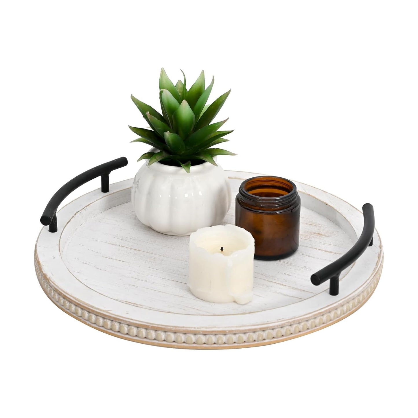 Wooden Beaded Serving Tray / White / Set of 13