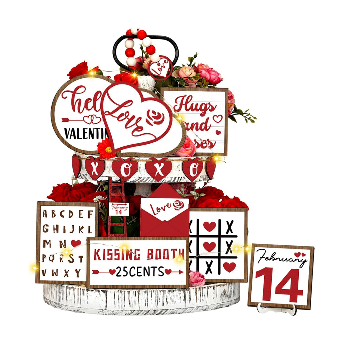 FairySandy 16 Pcs Valentine's Day Tiered Tray Decorations Set Valentine Heart Wood Sign Farmhouse Romantic Sweet Table Decor Love Theme Centerpieces for Kitchen Home Decor Wedding Party Gift