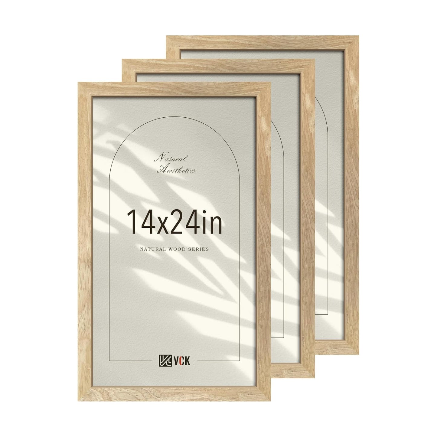 VCK 14x24 Picture Frame Set of 3, Natural Solid Wood, Wall Hanging | Wide Border, Light Woodgrain, Shatterproof
