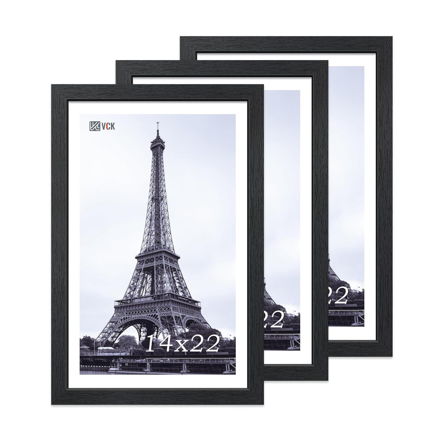 VCK 14x22 Frames 3 Pack, Black Poster Frame MDF Wood with Polished Plexiglass, Wall Mounting Horizontal & Vertical