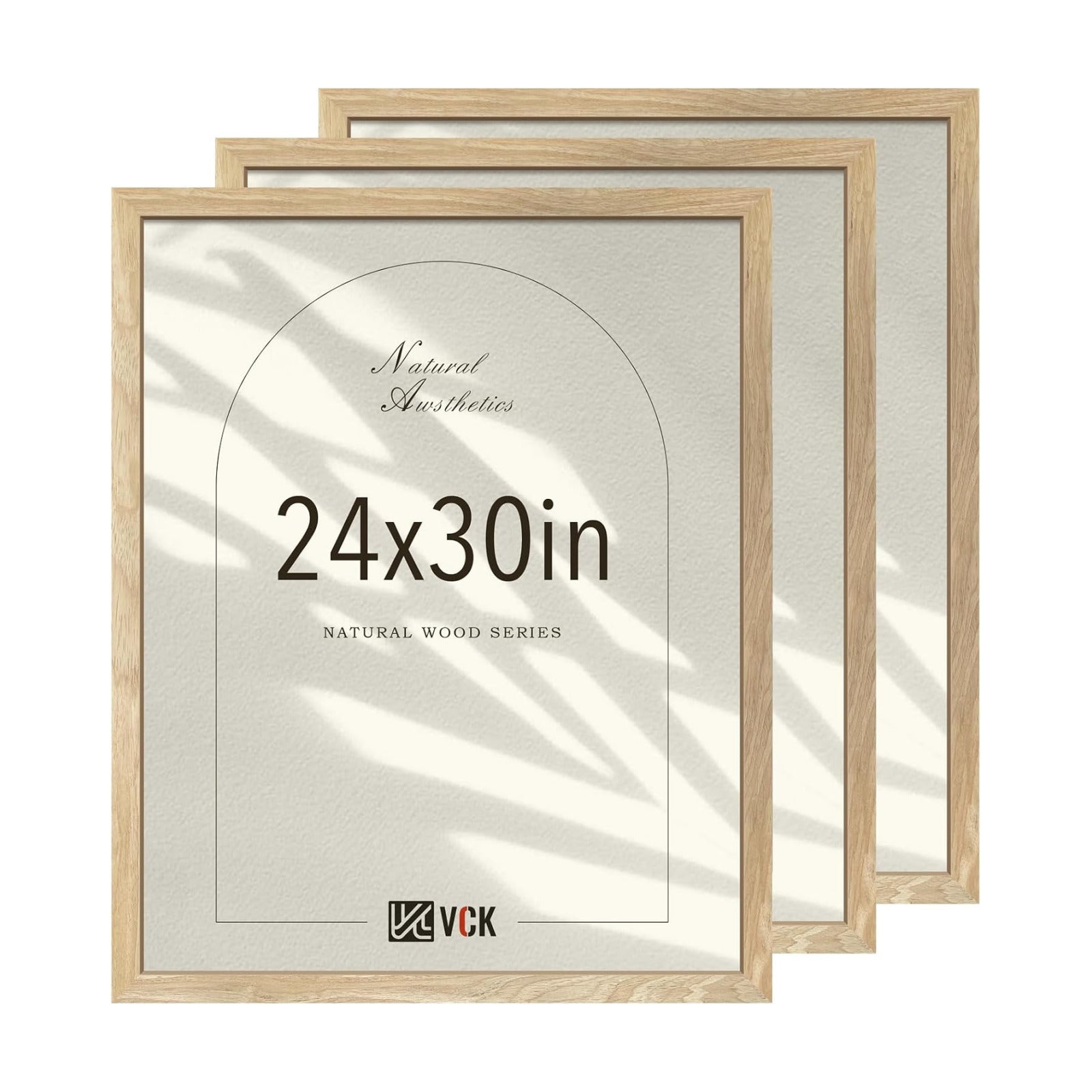 VCK 24x30 Poster Frame Set of 3, Natural Solid Wood, Wall Hanging | Wide Border, Light Woodgrain, Shatterproof