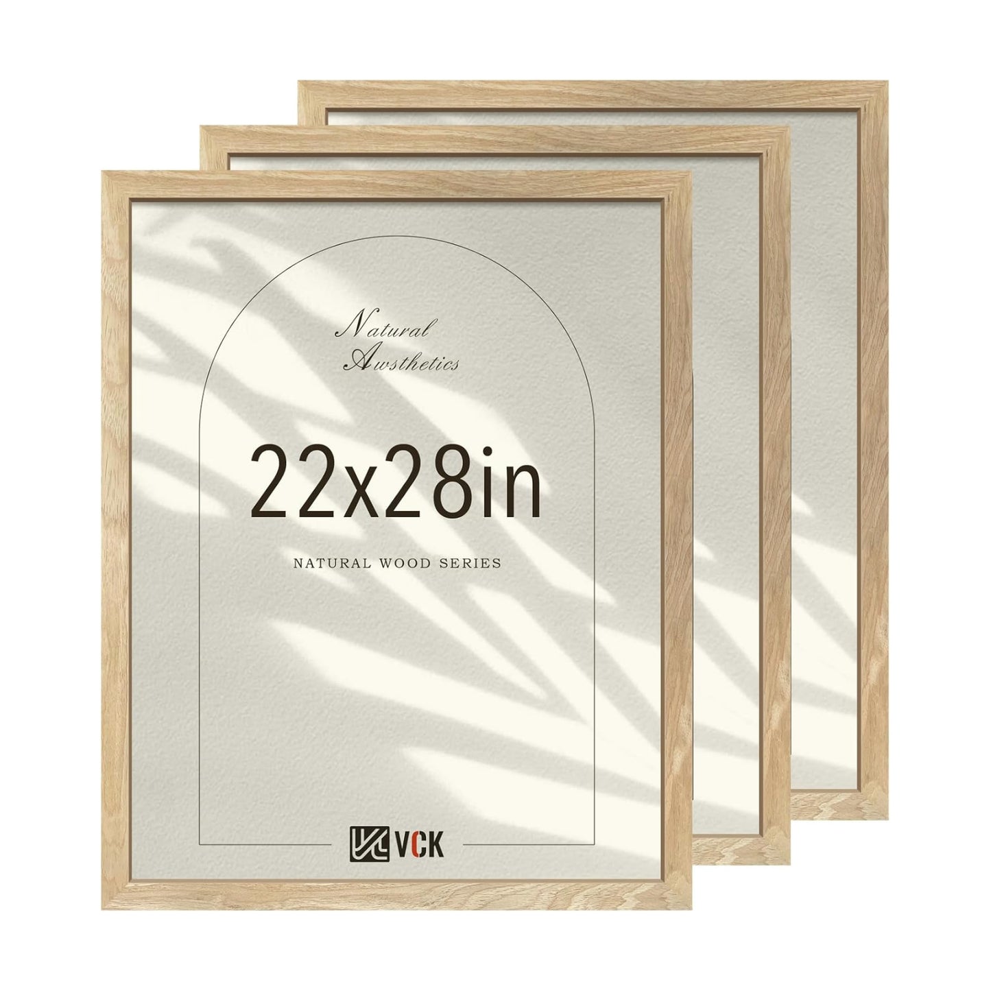VCK 22x28 Poster Frame Set of 3, Natural Solid Wood, Wall Hanging | Wide Border, Light Woodgrain, Shatterproof