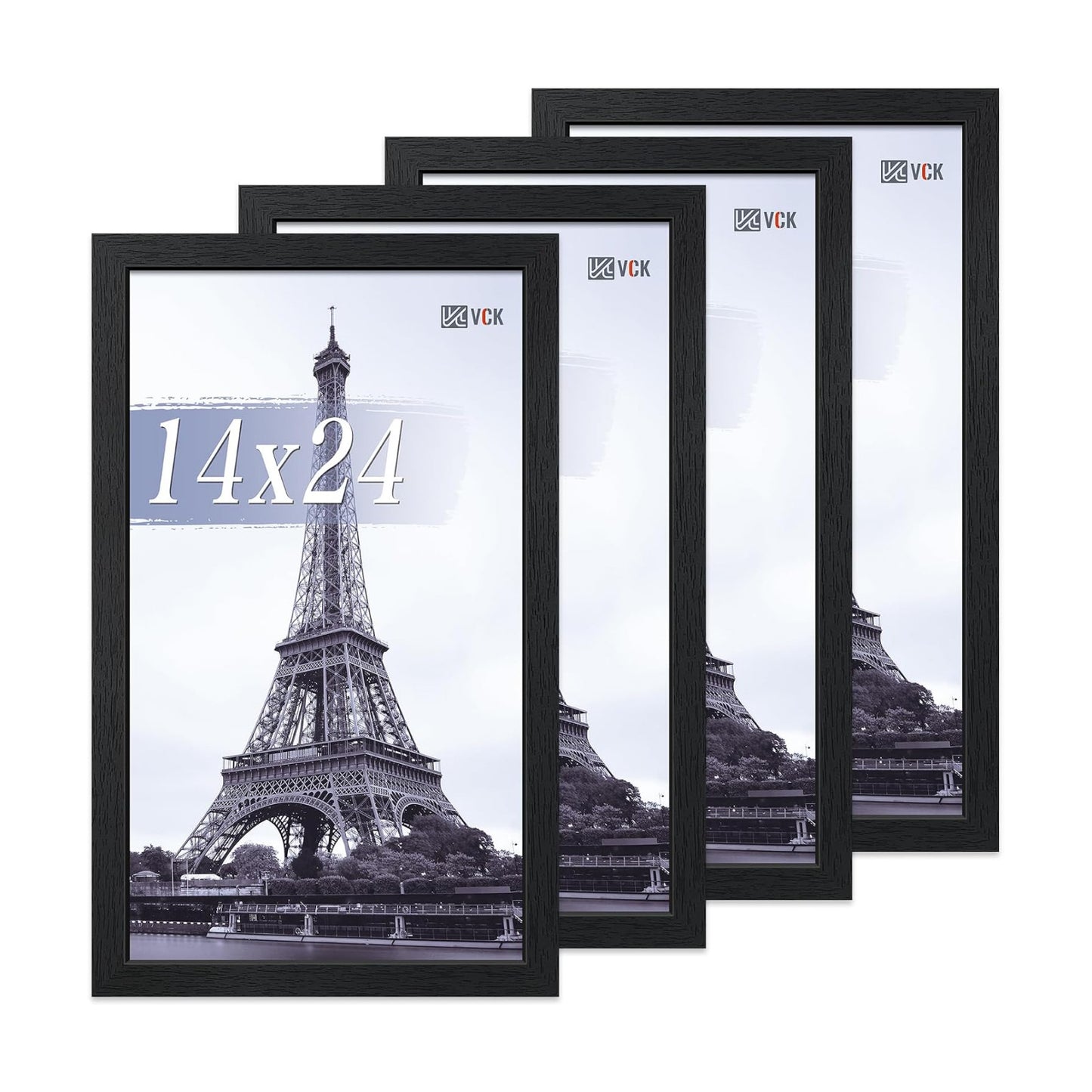 VCK 14x24 Frame Black 4 Pack, Wide Thick Wood Border, for Poster/Prints | Exclusive Woodgrain, Wall Hanging, HD
