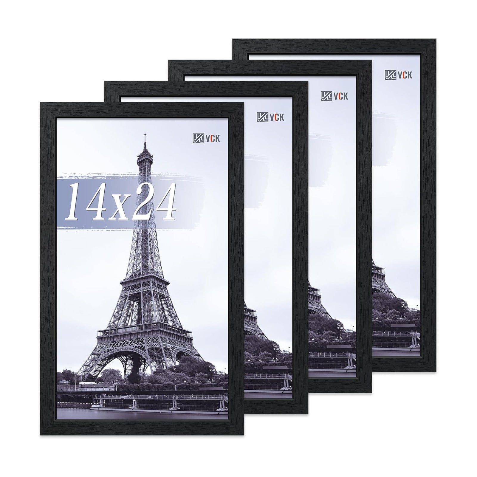 VCK 14x24 Frame Black 4 Pack, Wide Thick Wood Border, for Poster/Prints | Exclusive Woodgrain, Wall Hanging, HD
