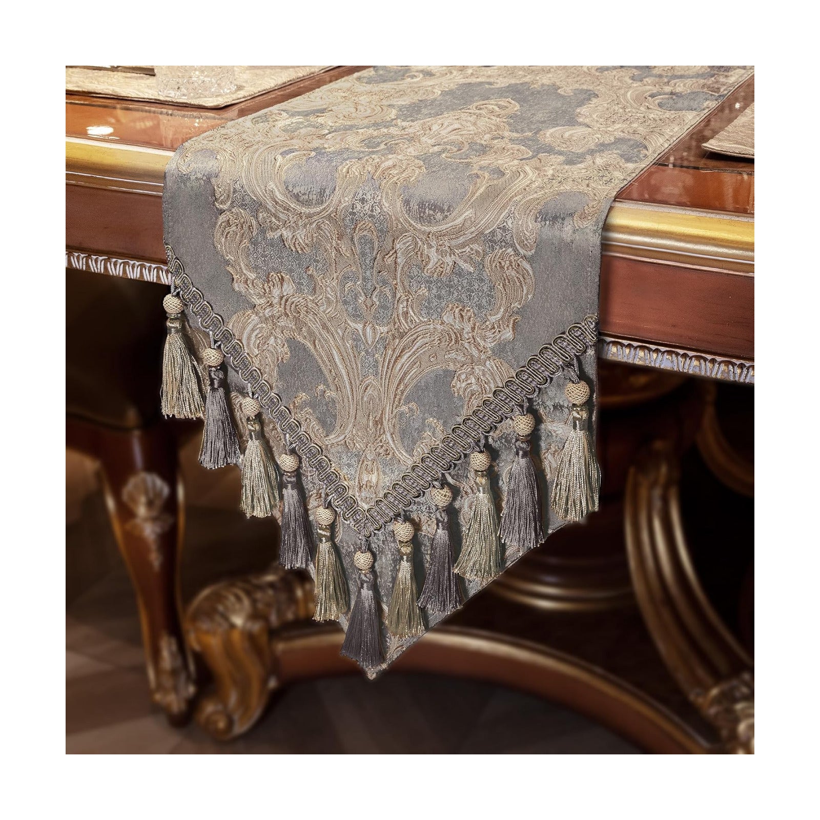 Loom and Mill Luxury Jacquard Damask Table Runner 60 Inches Long, Gray | Elegant Dining Table Runners with Handmade