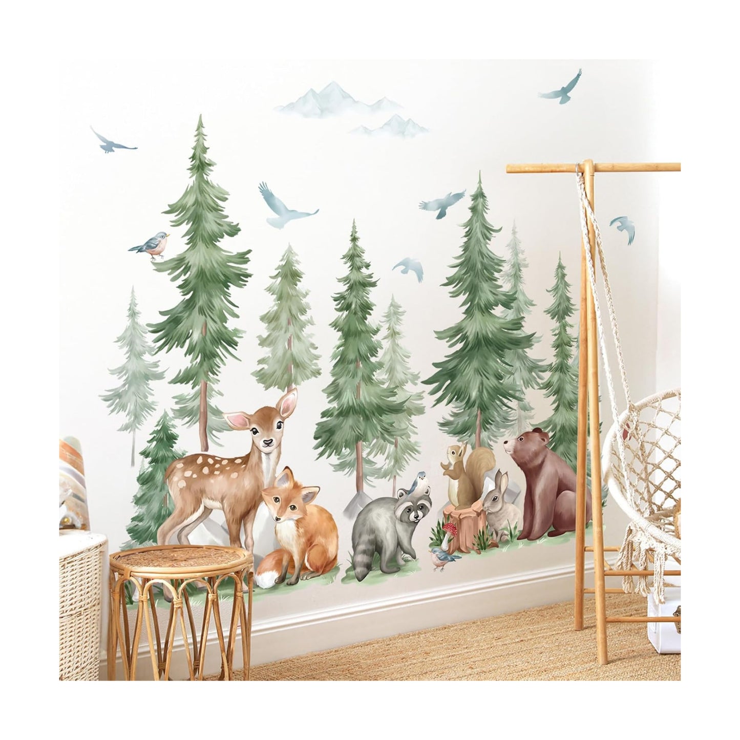 Mountain Tree Wall Stickers Large Pine Tree Forest Animal Bear Fox Peel and Stick Wall Art / A