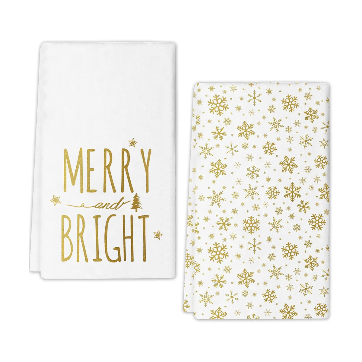 JOOCAR Gold Christmas Kitchen Towels Merry and Bright Christmas Kitchen Decor Dish Towels Set of 2, 16x27 Inch Seasonal Drying Dishcloth, Gold Snowflake Decoration Hand Towels