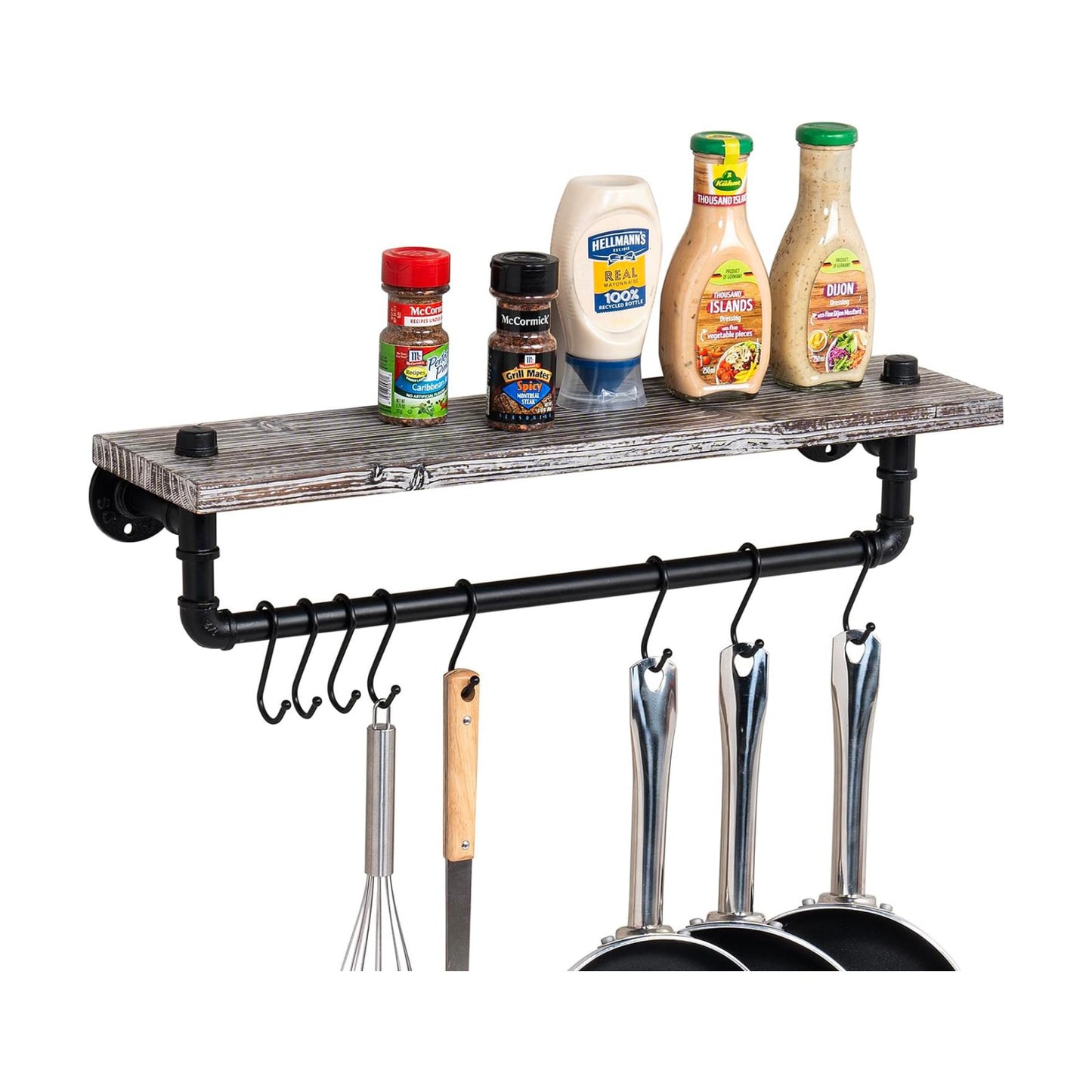 MyGift Wall Mounted Kitchen Pot Rack, Rustic Torched Wood Floating Display Shelf and Industrial Matte Black Metal Pipe