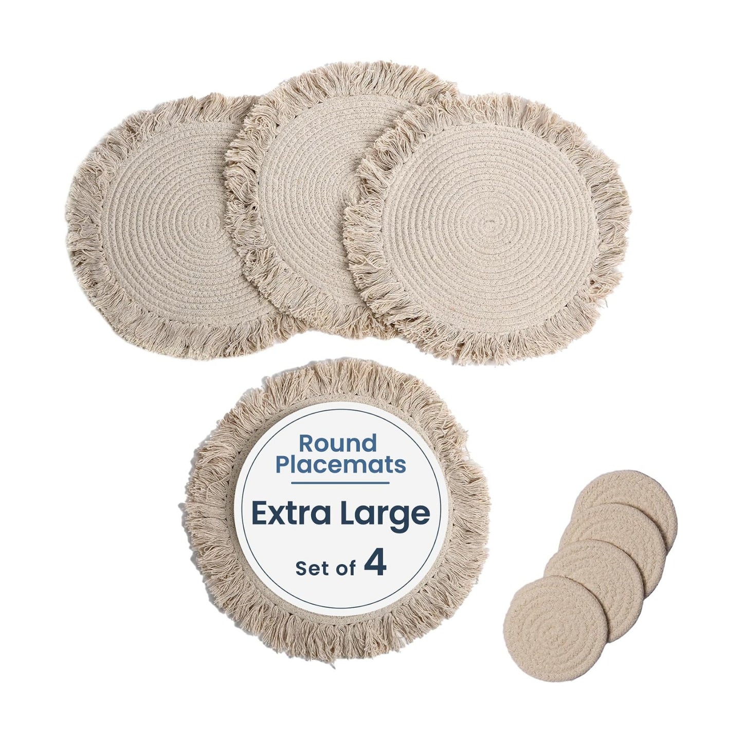 Fine Living Round Placemats Set of 4 with 4 Free Coasters, 15 Inch, Ivory | Washable Heat Resistant Non-Slip Braided