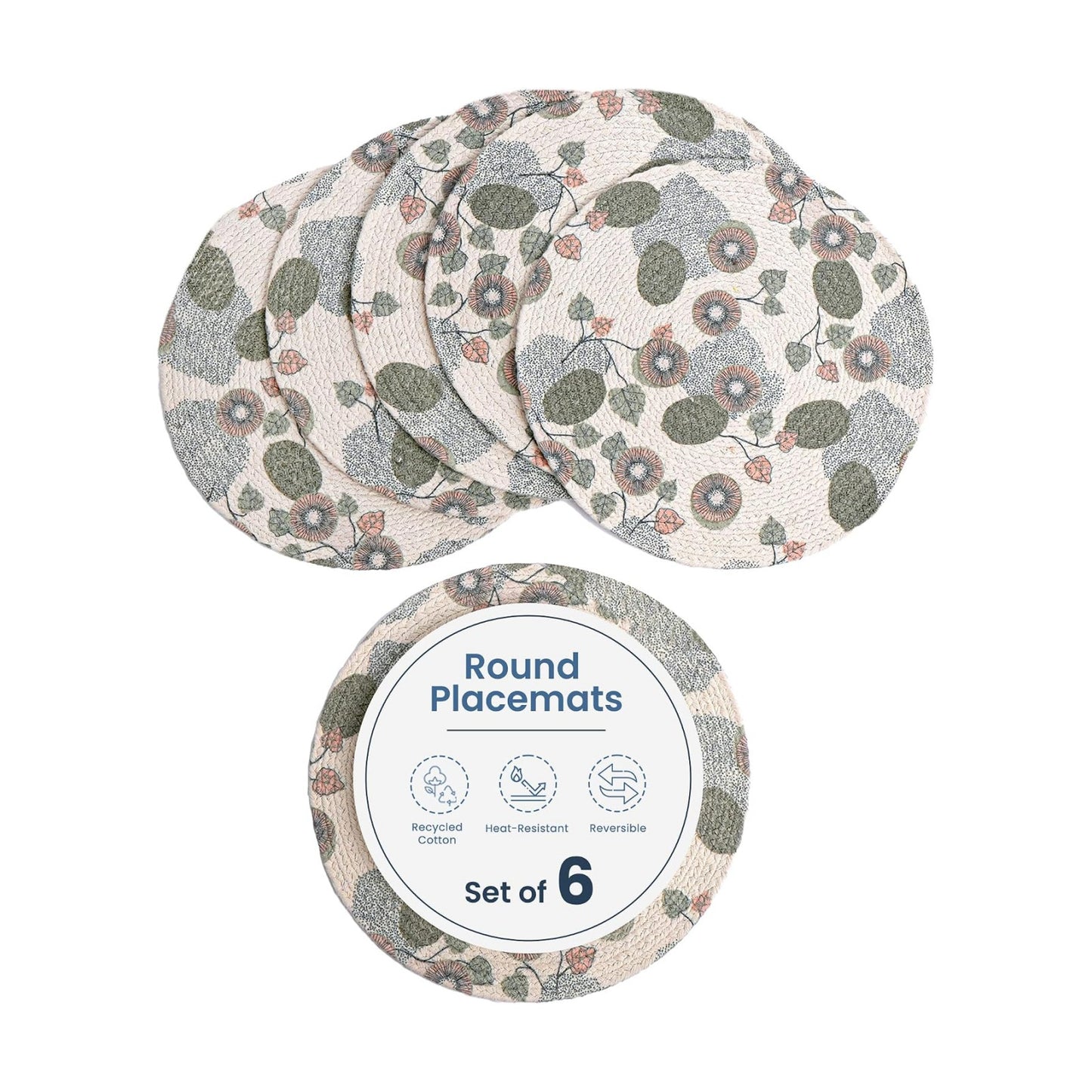 The Fine Living Braided Cotton Placemats, Round Table Mats, Set of 6,13.5" | Washable Anti-Slip Heat Resistant Braided