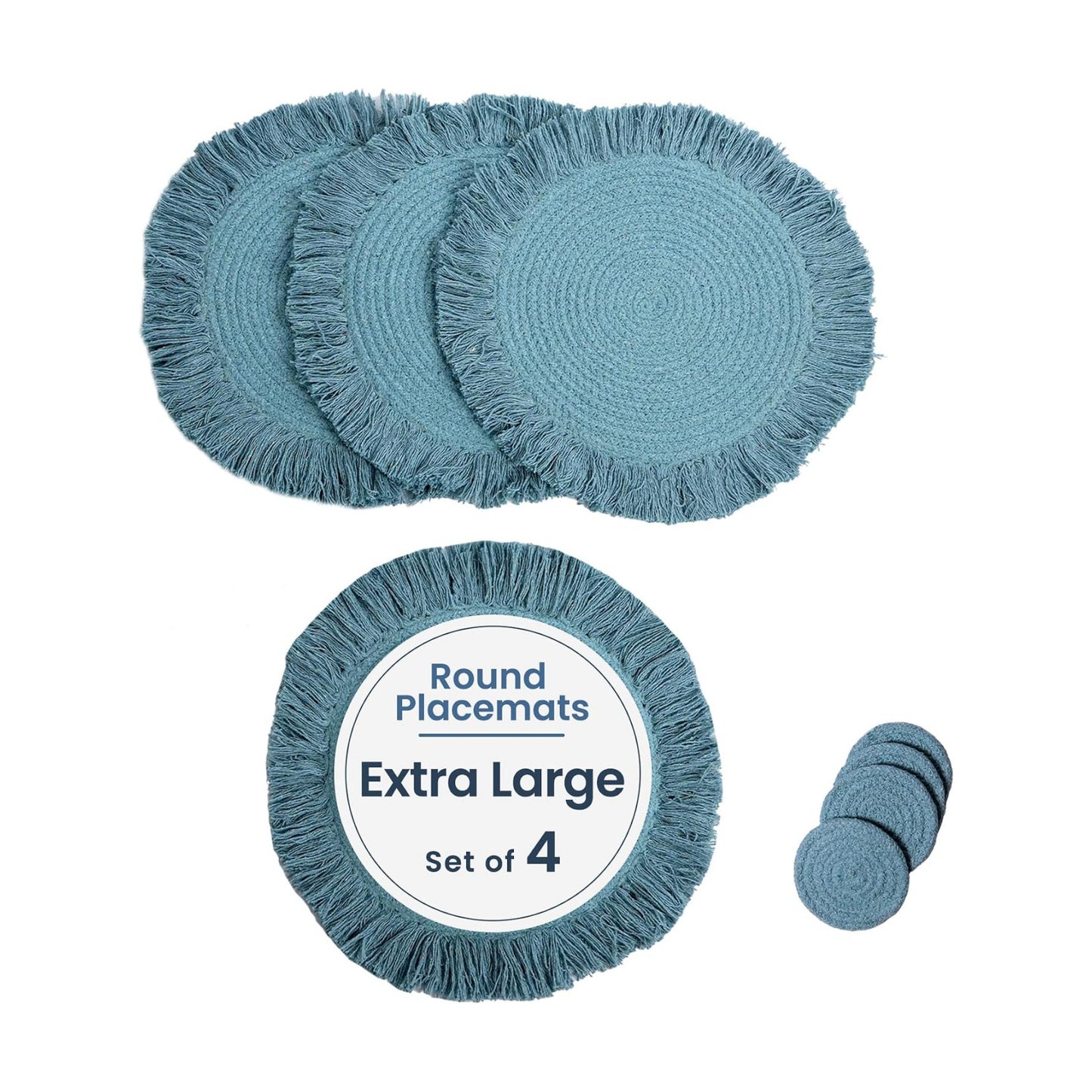 Fine Living Co. 15 Inch Round Placemats Set of 4 with 4-Free Coasters, Washable Heat Resistant Non-Slip Braided Cotton