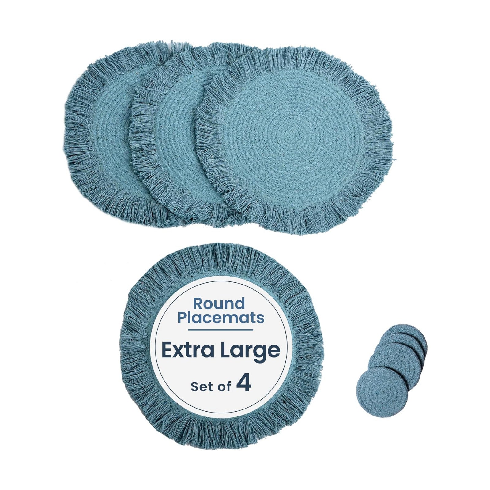 Fine Living Co. 15 Inch Round Placemats Set of 4 with 4-Free Coasters, Washable Heat Resistant Non-Slip Braided Cotton