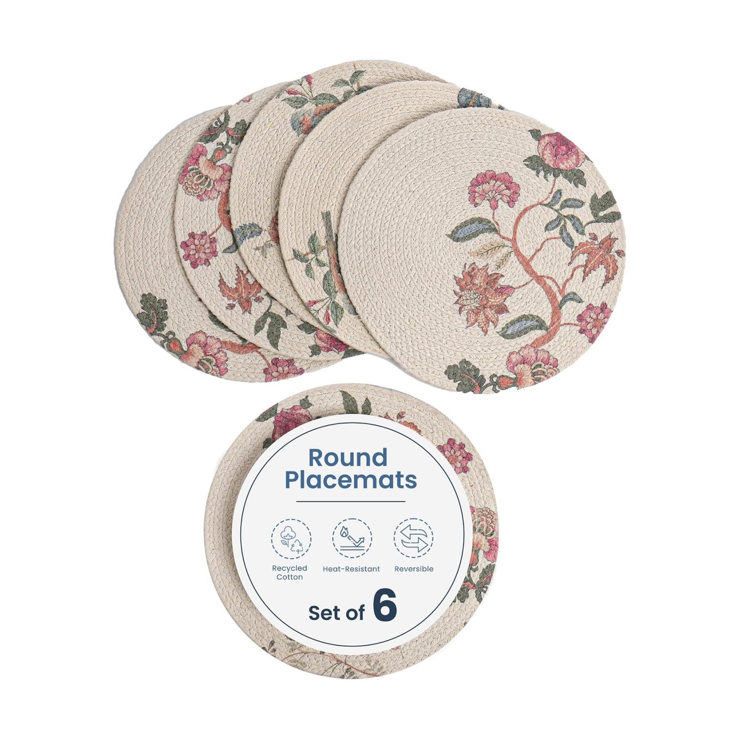 The Fine Living Braided Cotton Placemats, Round Table Mats, Set of 6,13.5" | Washable Anti-Slip Heat Resistant Braided