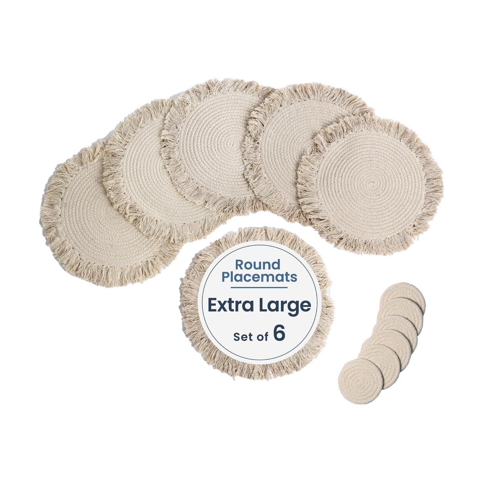 Fine Living 15 Inch Round Placemats Set of 6 with 6-Free Coasters,Ivory | Washable Heat Resistant Non-Slip Braided