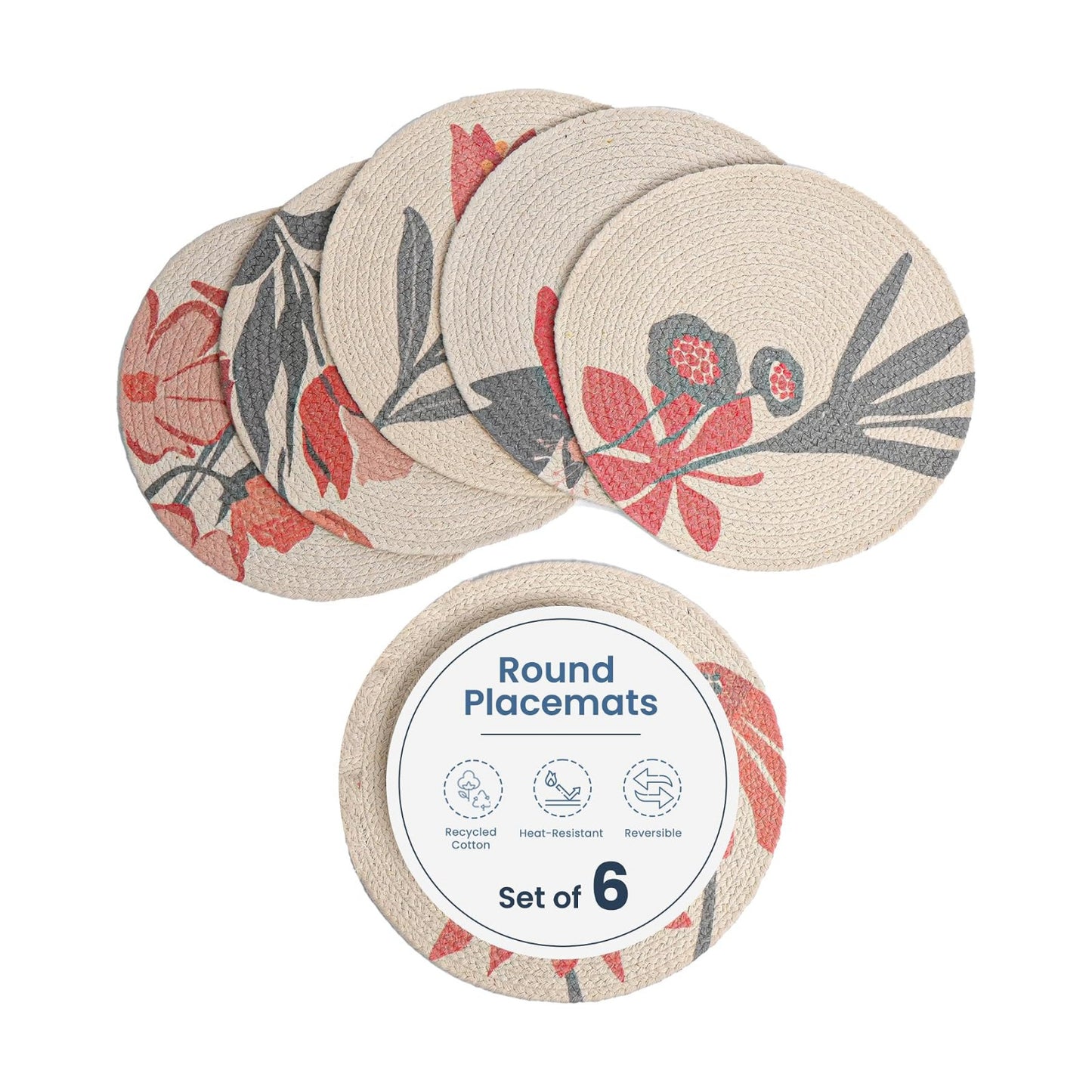 The Fine Living Braided Cotton Placemats, Round Table Mats, Set of 6,13.5" | Washable Anti-Slip Heat Resistant Braided
