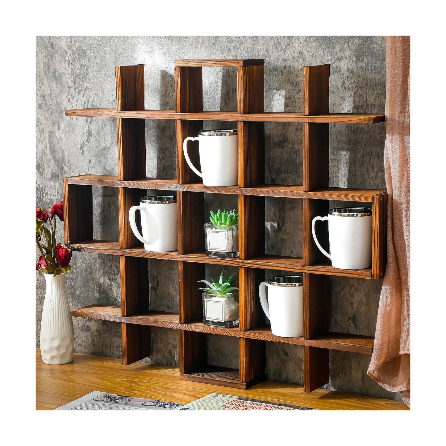 Suzile Mug Display Shelf Wall Mounted,Grid Size 5.1x5.1x3in,Rustic Brown | Rustic Wood Floating Shadow Box for Coffee