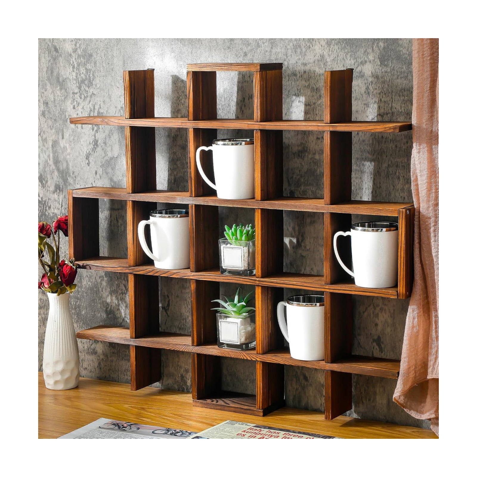 Suzile Mug Display Shelf Wall Mounted,Grid Size 5.1x5.1x3in,Rustic Brown | Rustic Wood Floating Shadow Box for Coffee