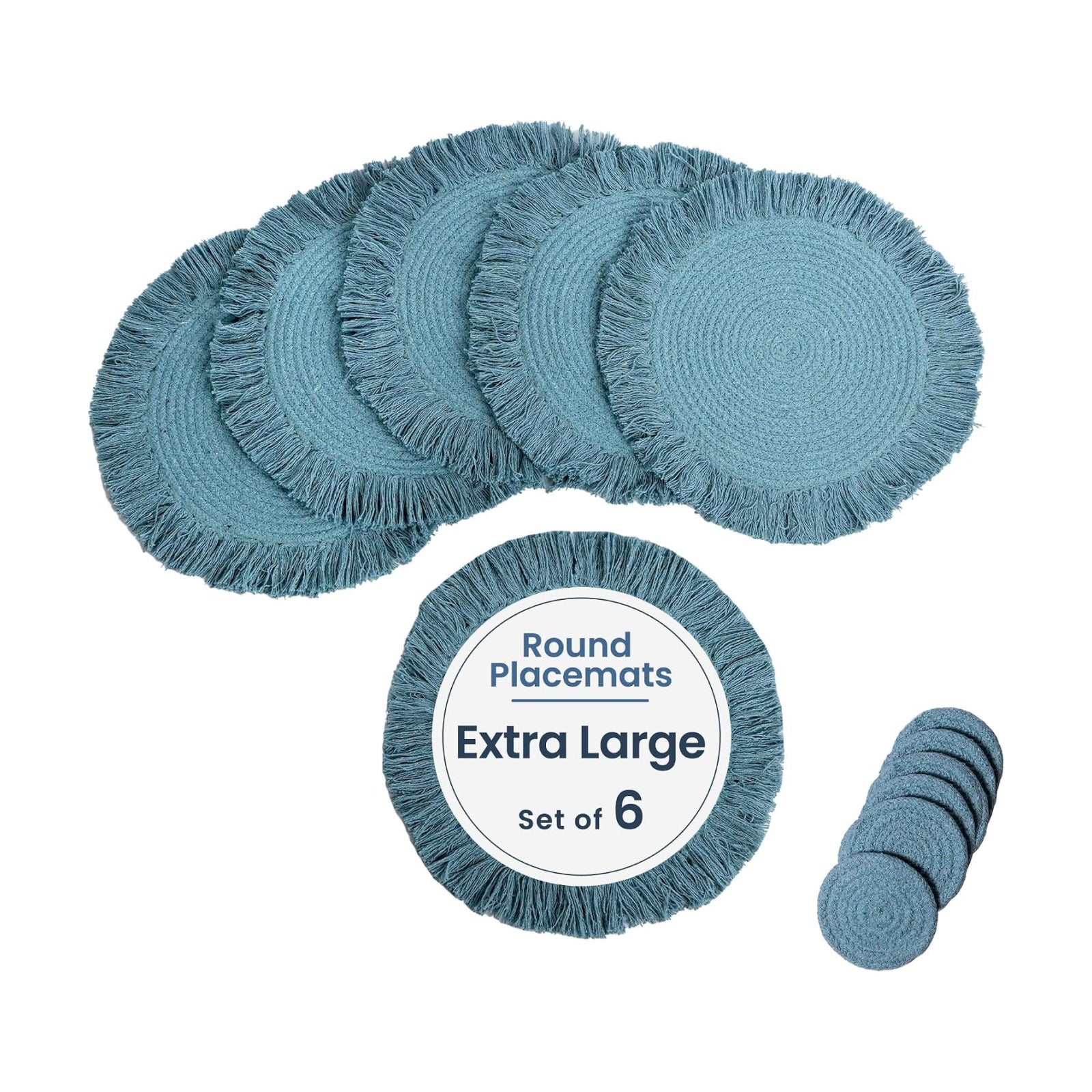 Fine Living 15" Round Placemats Set of 6 with 6-Free Coasters, Reef Blue | Washable Heat Resistant Non-Slip Braided