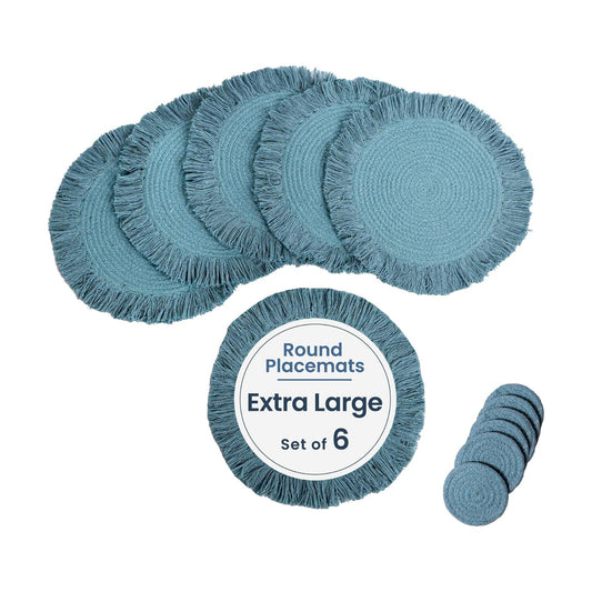 Fine Living 15" Round Placemats Set of 6 with 6-Free Coasters, Reef Blue | Washable Heat Resistant Non-Slip Braided