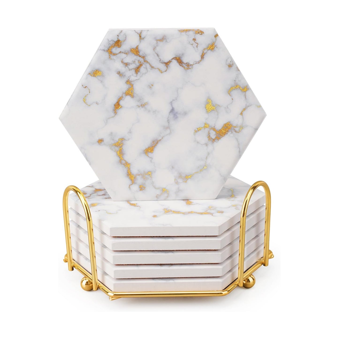 Metal Holder / Drink Coasters for Wooden Table / Luxury White Gold Marble 06 / Set of 6