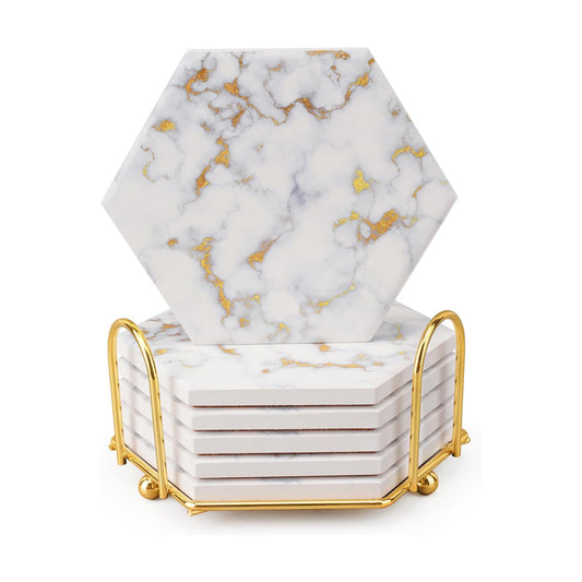 Metal Holder / Drink Coasters for Wooden Table / Luxury White Gold Marble 06 / Set of 6