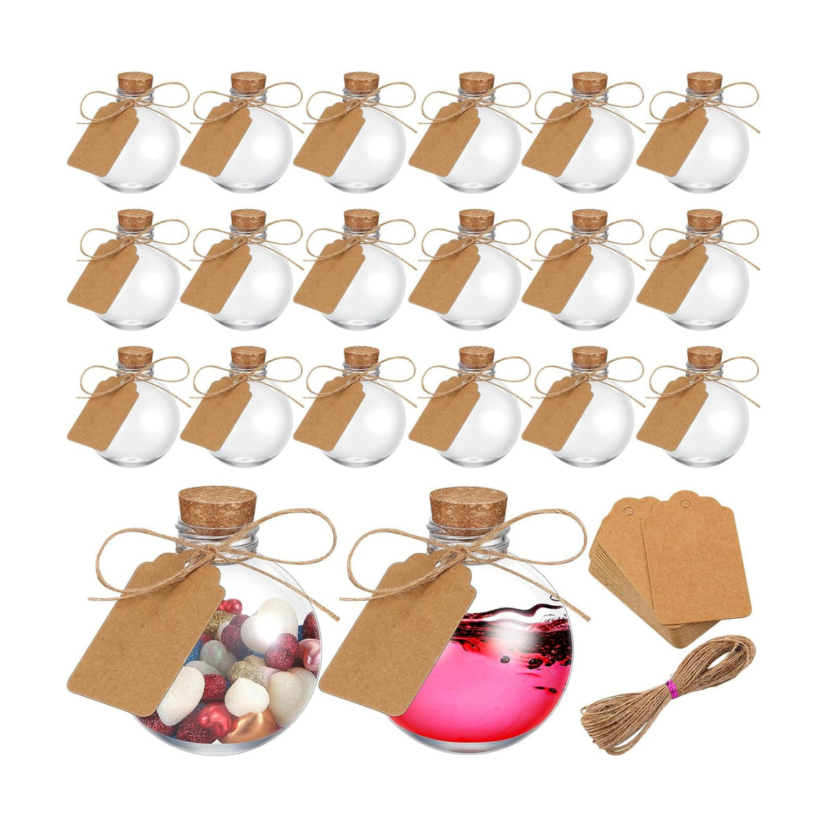 Maxcheck 20 Pcs 8.5 oz Plastic Potion Bottles with Corks Spherical Round Bottles Christmas Ball Shape Decorative Bottles Candy Jar with Twine and Labels for Halloween Christmas Party Favor Gift
