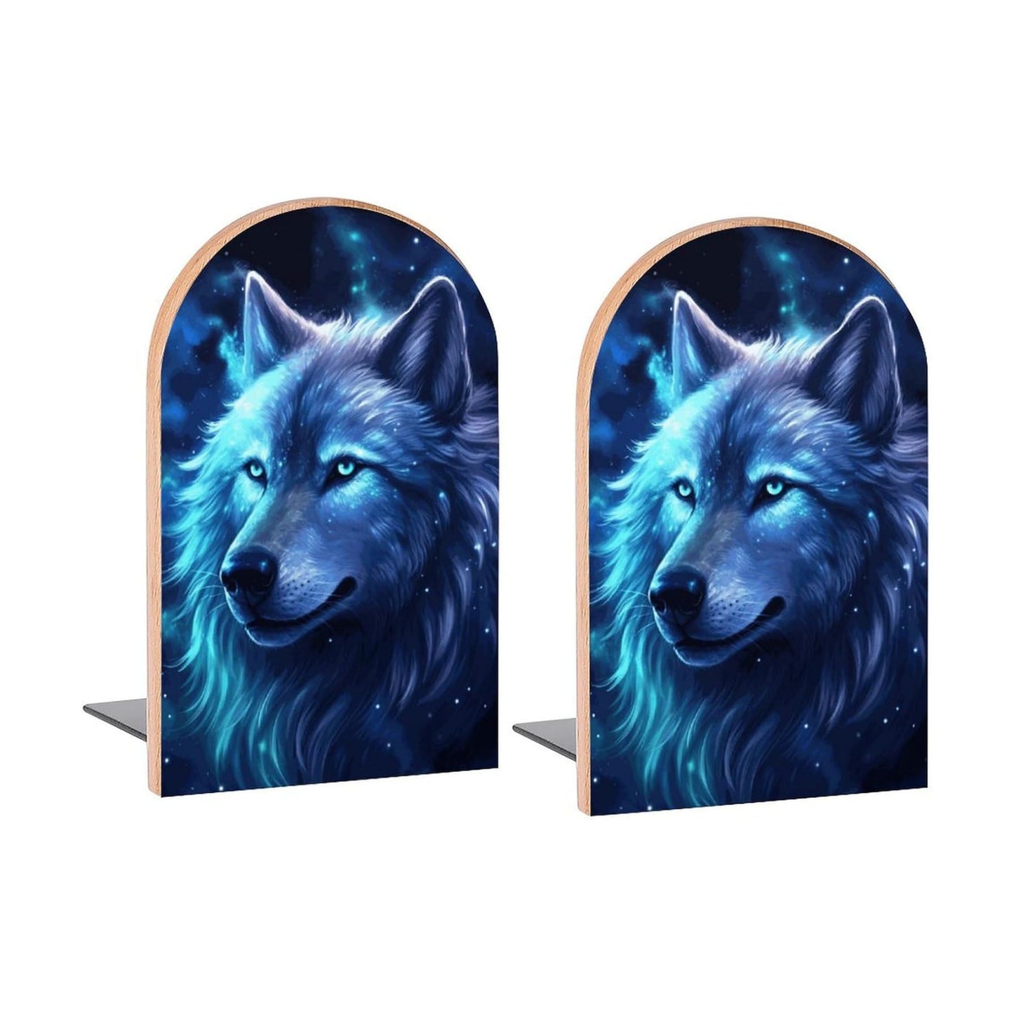 Wolf Galaxy Book Ends Decorative Wood Bookends / Blue