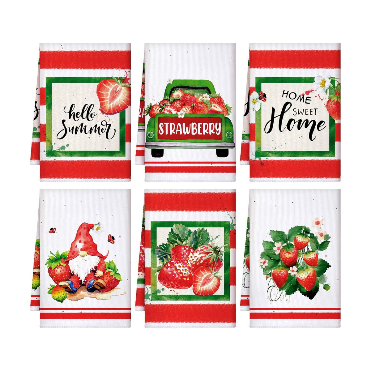 Sratte 6 Pcs Strawberry Kitchen Towels Gnome Summer Hand Towel, 24x16 Inch