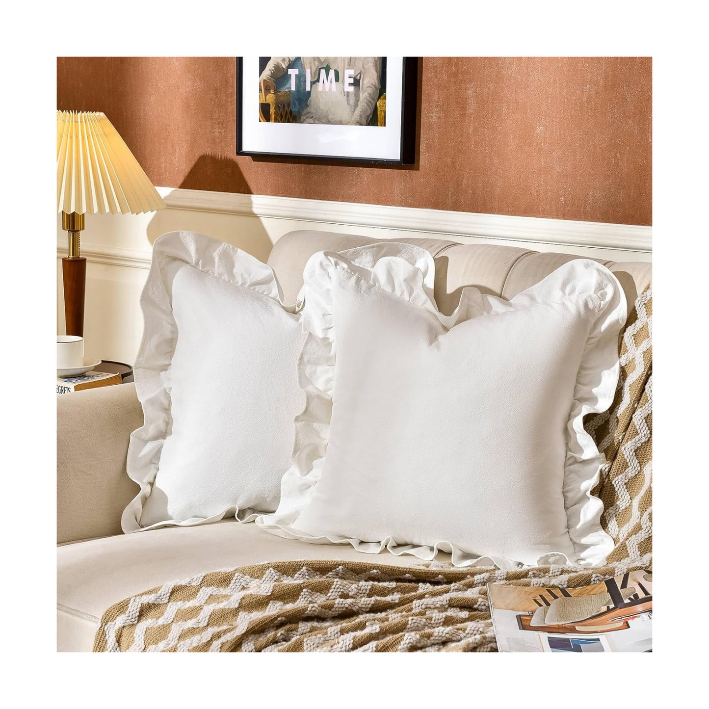 Throw Pillow Covers 100% Cotton Pre Washed Ruffle Decorative / 18 x 18 / Cream White / Set of 2