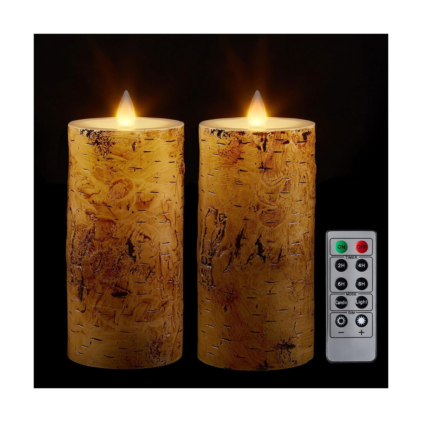 Birch Bark Wax Flameless Candles with Remote Timer, Last 400-Hour with 2AA Batteries, 3D Moving Flame Led Candles, Set