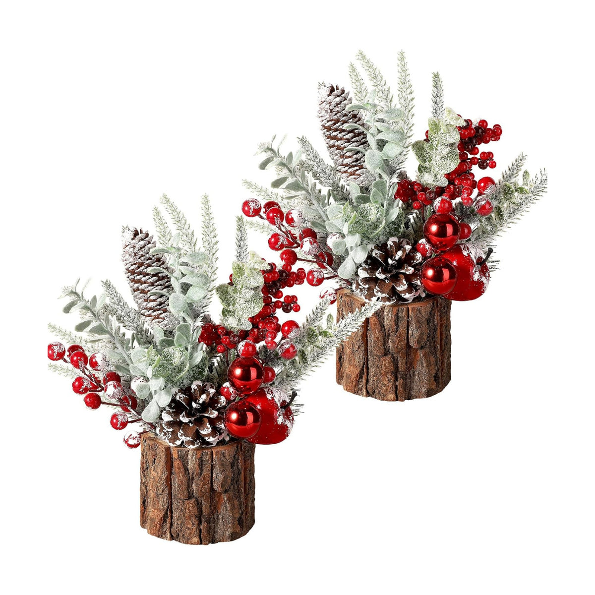 Hatisan Small Christmas Tree with Christmas Ornaments Pine Cone Berry, Tabletop Artificial Christmas Tree for Christmas Decorations Home Room Party Winter Indoor Outdoor(2 Pack Red-Round)