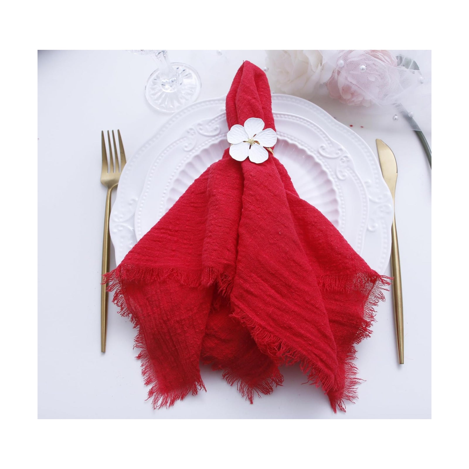 Fall Cloth Napkins with Fringe, Cotton Gauze Napkins Set of 12, Red | Boho Rustic Dinner Napkins, 16 x 16 Inch Washable