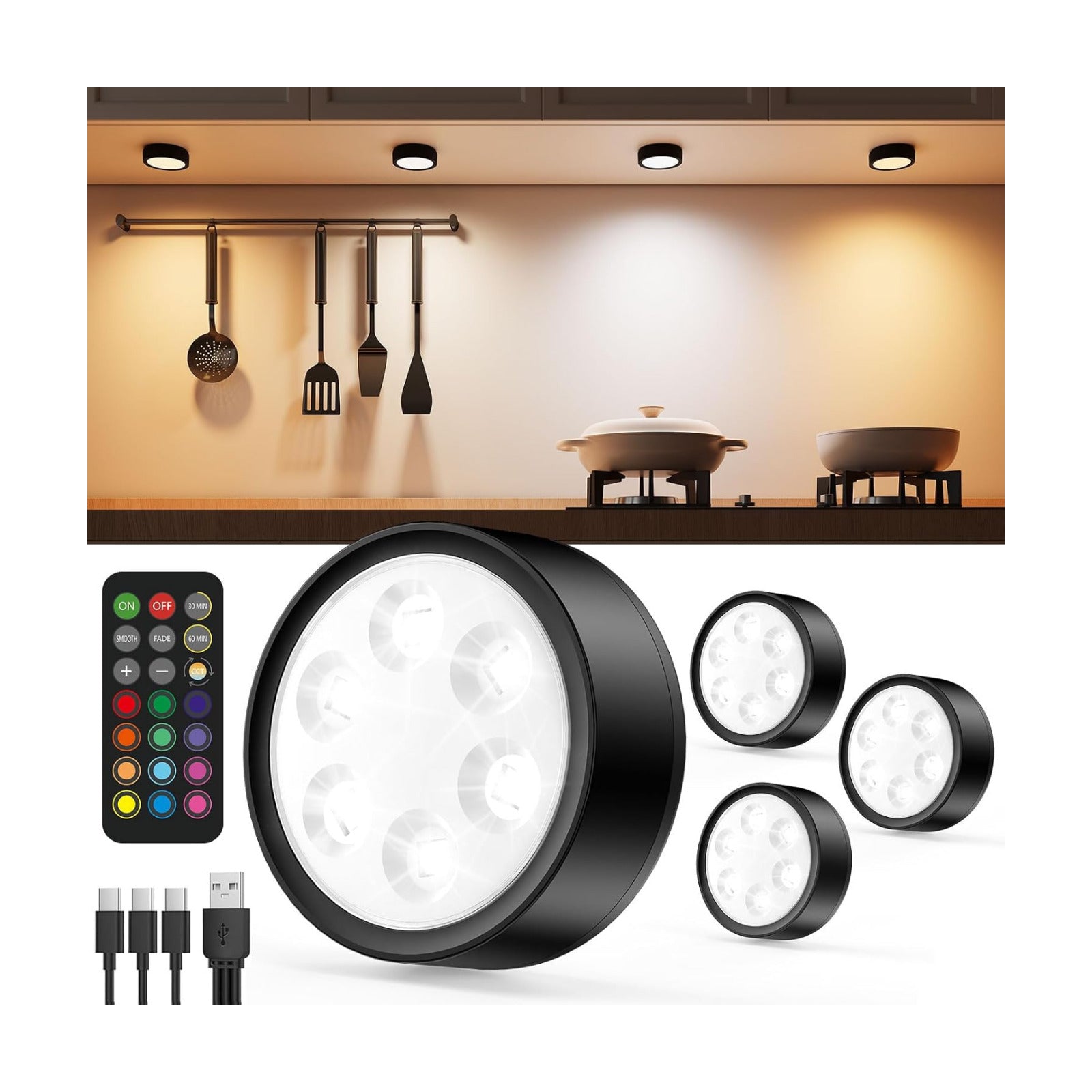 2400mAh Rechargeable Puck Lights with Remote, RGB Under Shelf Light | USB-C Charging, Color Changing, Timer, Tap
