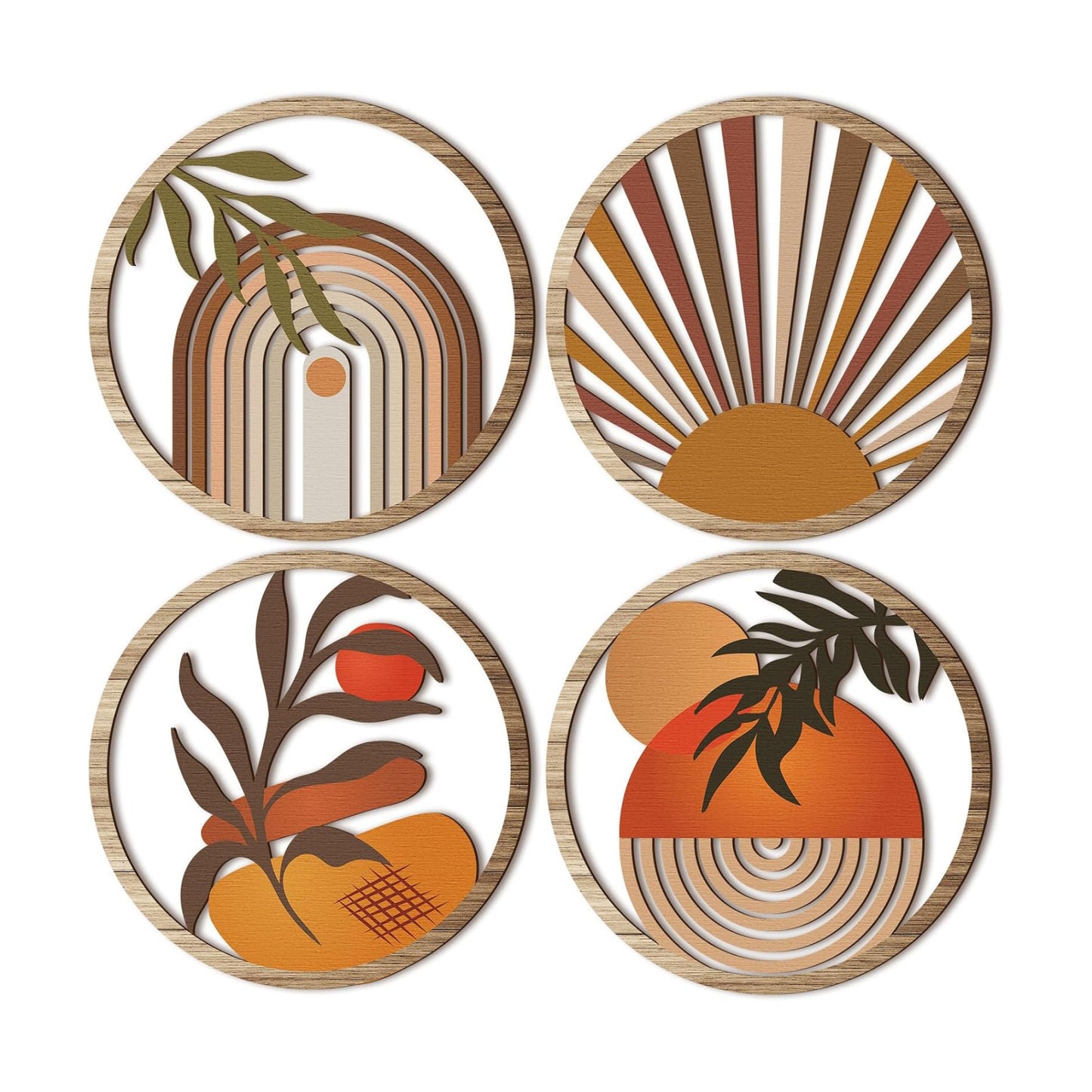 Boho Wall Art Bohemian Wooden Round Circle Wall Decor Hollow out Hanging / Stylish / Set of 4