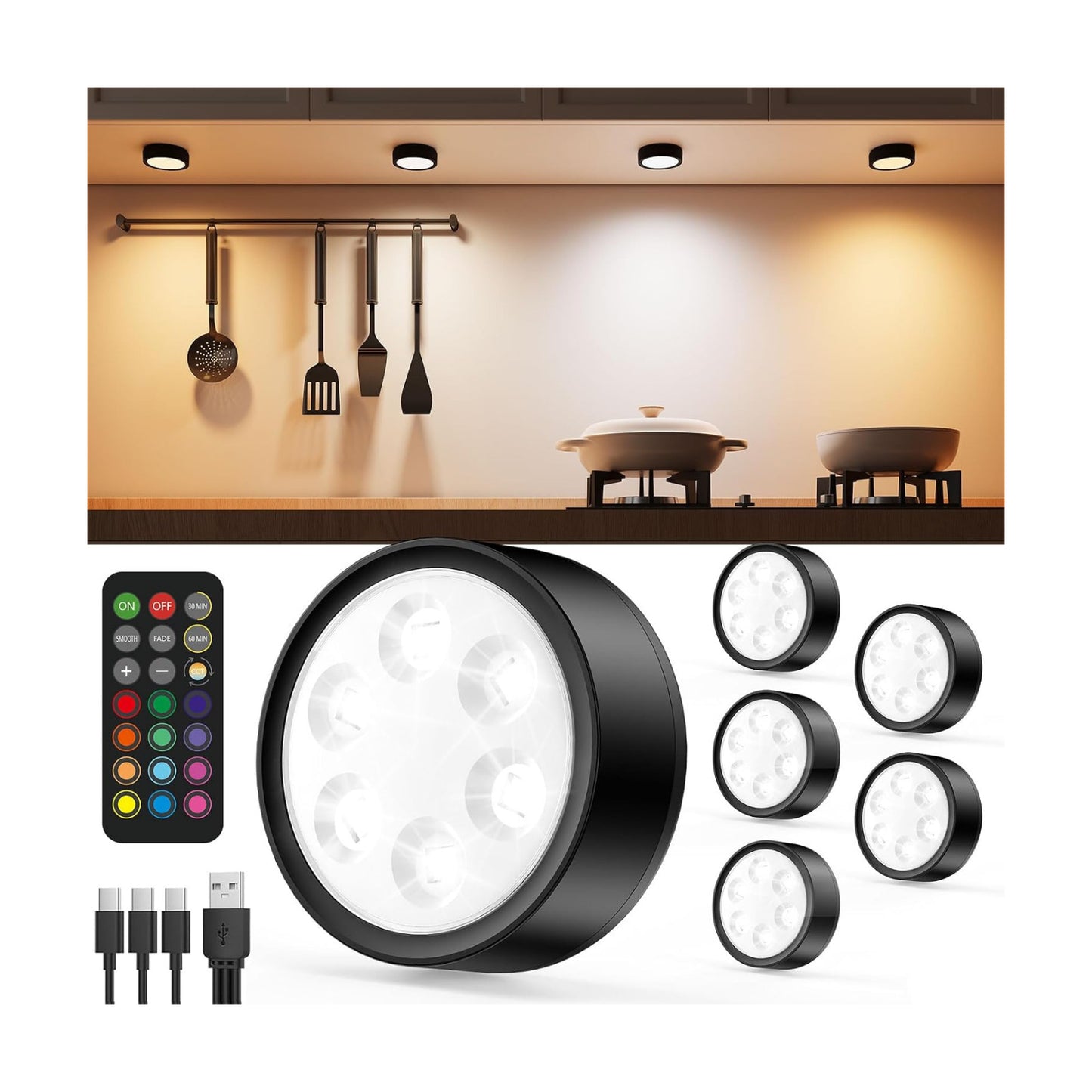 2400mAh Rechargeable Puck Lights with Remote, Stick On Cabinet Light