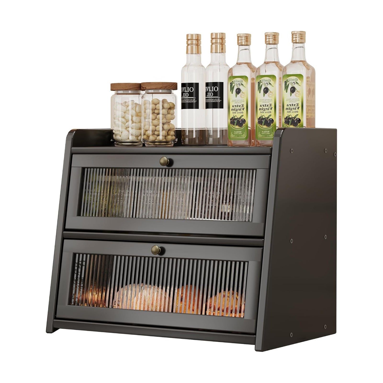 Double Layer Large Bamboo Bread Box for Kitchen Counter, Wooden Large Capacity Bread Storage Bin with Window Bread