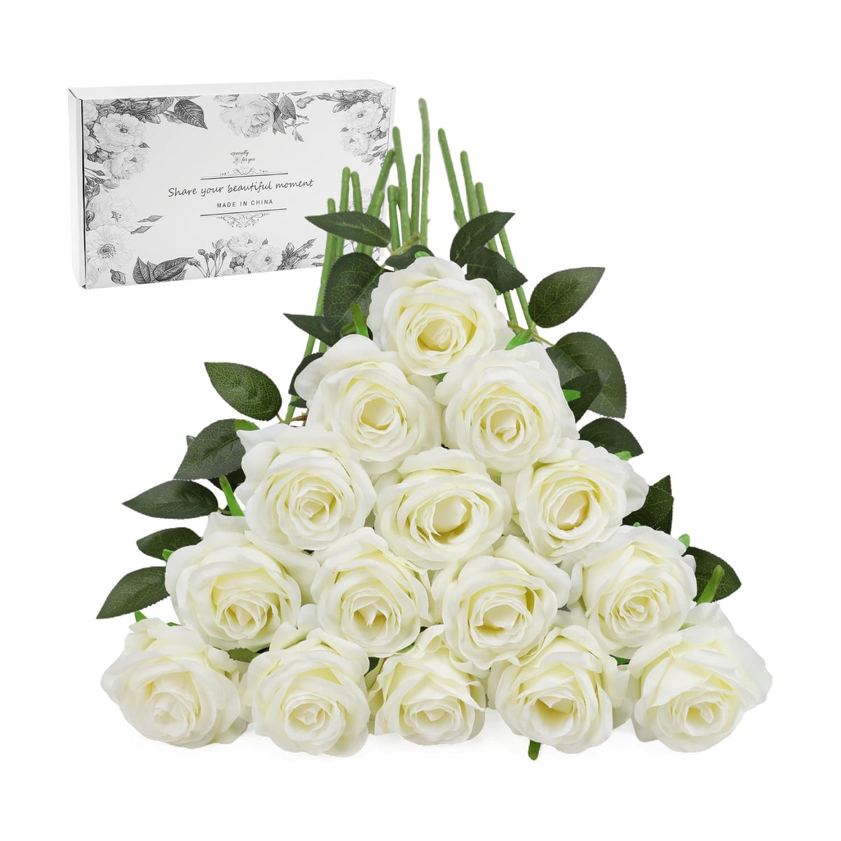 White Fake Roses Artificial Flowers - 16 Pcs Fake Artificial Roses Silk Flowers with Stems for Home Wedding Hotel Office Centerpiece Decor