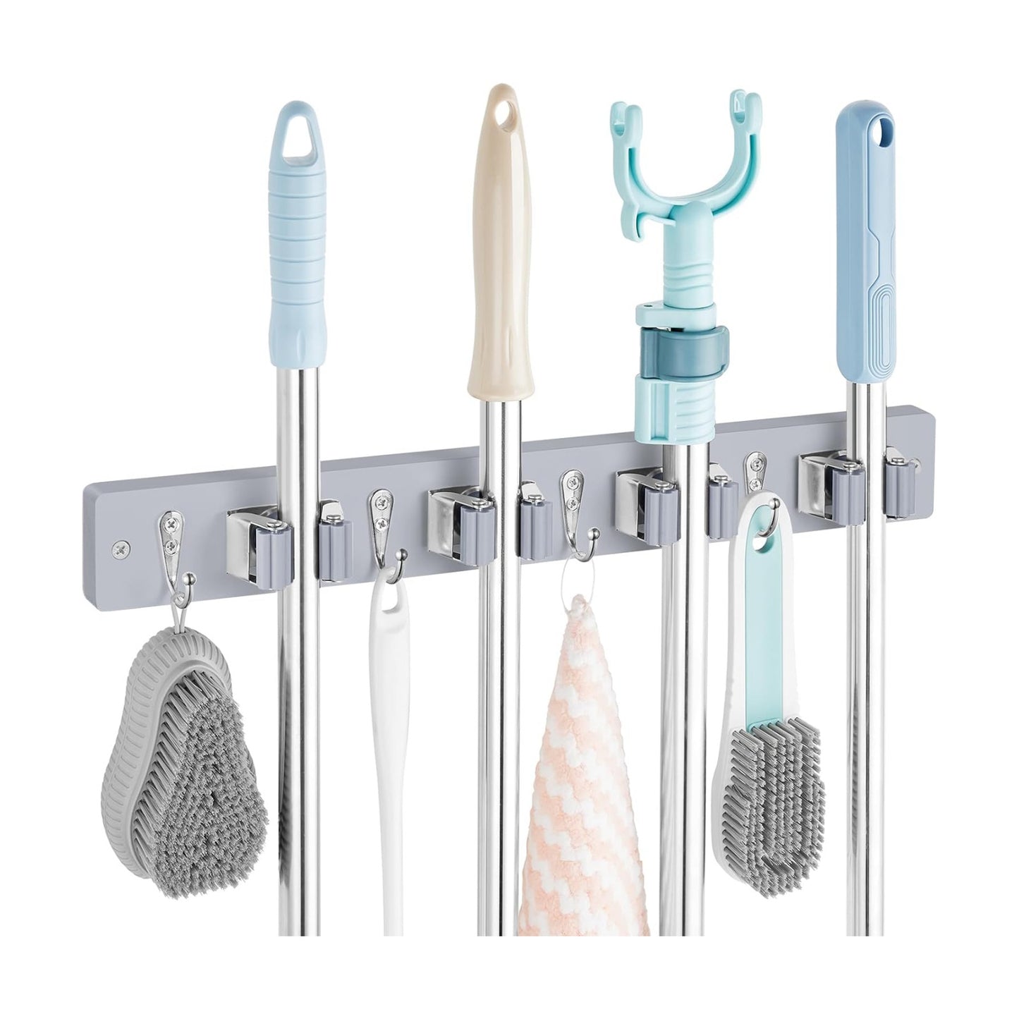 OUTNILI Gray Mop Broom Holder Wall Mount with 4 Slots & 4 Hooks - Wood Broom Mop Hanger for Pantry Closet Laundry Room