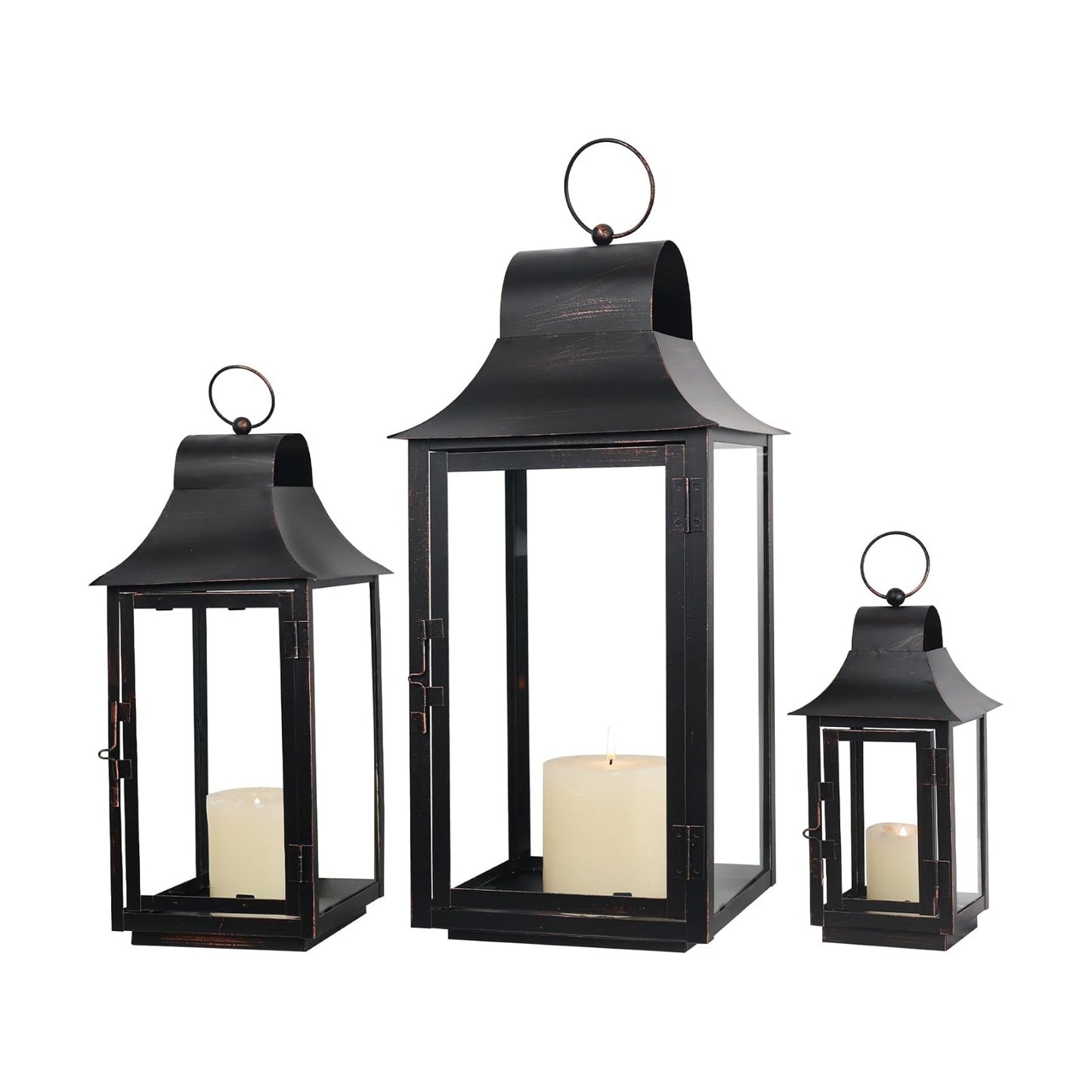 Lanterns Decorative Indoor & Outdoor, 22'' 16'' 11'' Large Candle Lanterns Decorative for Front Porch, Metal Frame