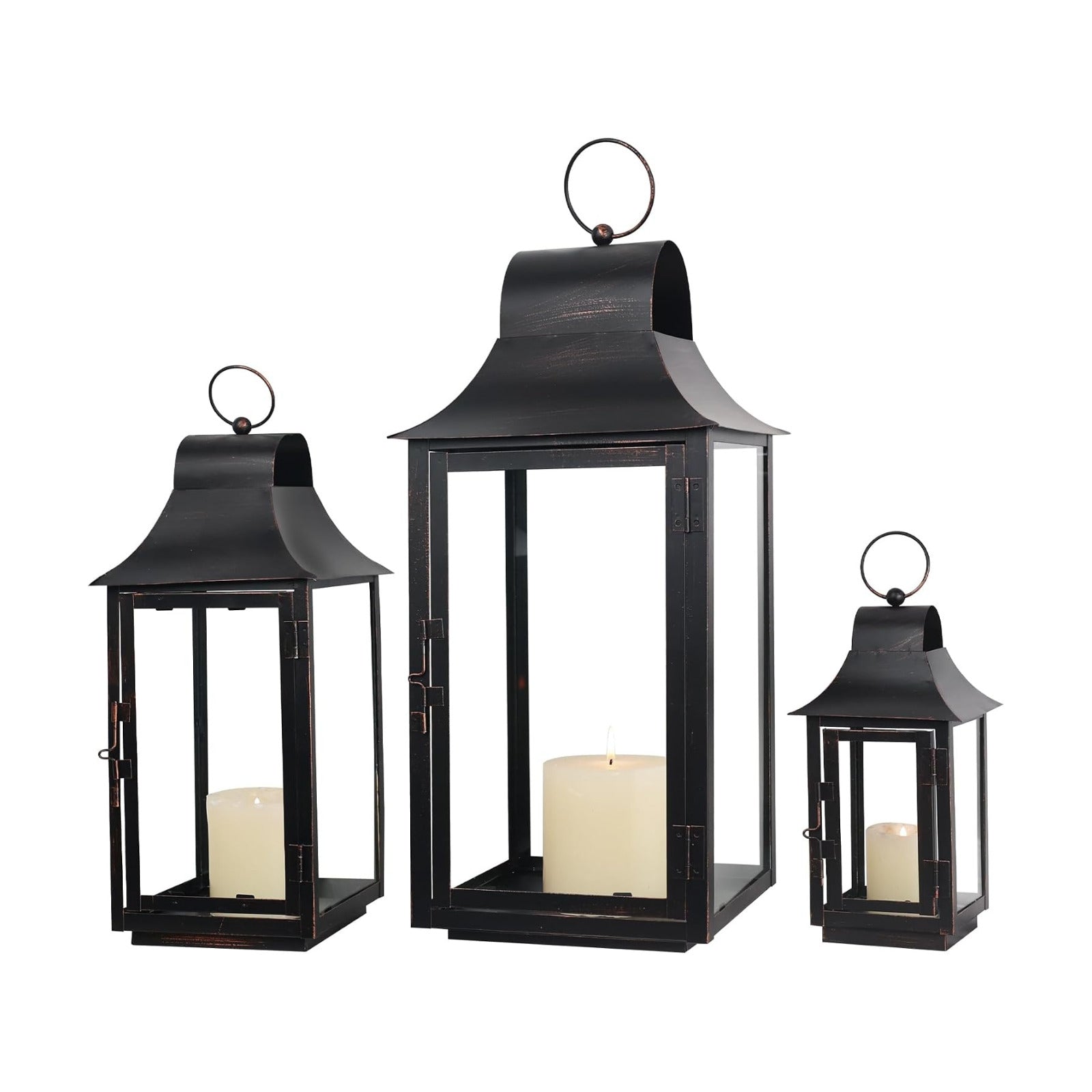 Lanterns Decorative Indoor & Outdoor, 22'' 16'' 11'' Large Candle Lanterns Decorative for Front Porch, Metal Frame