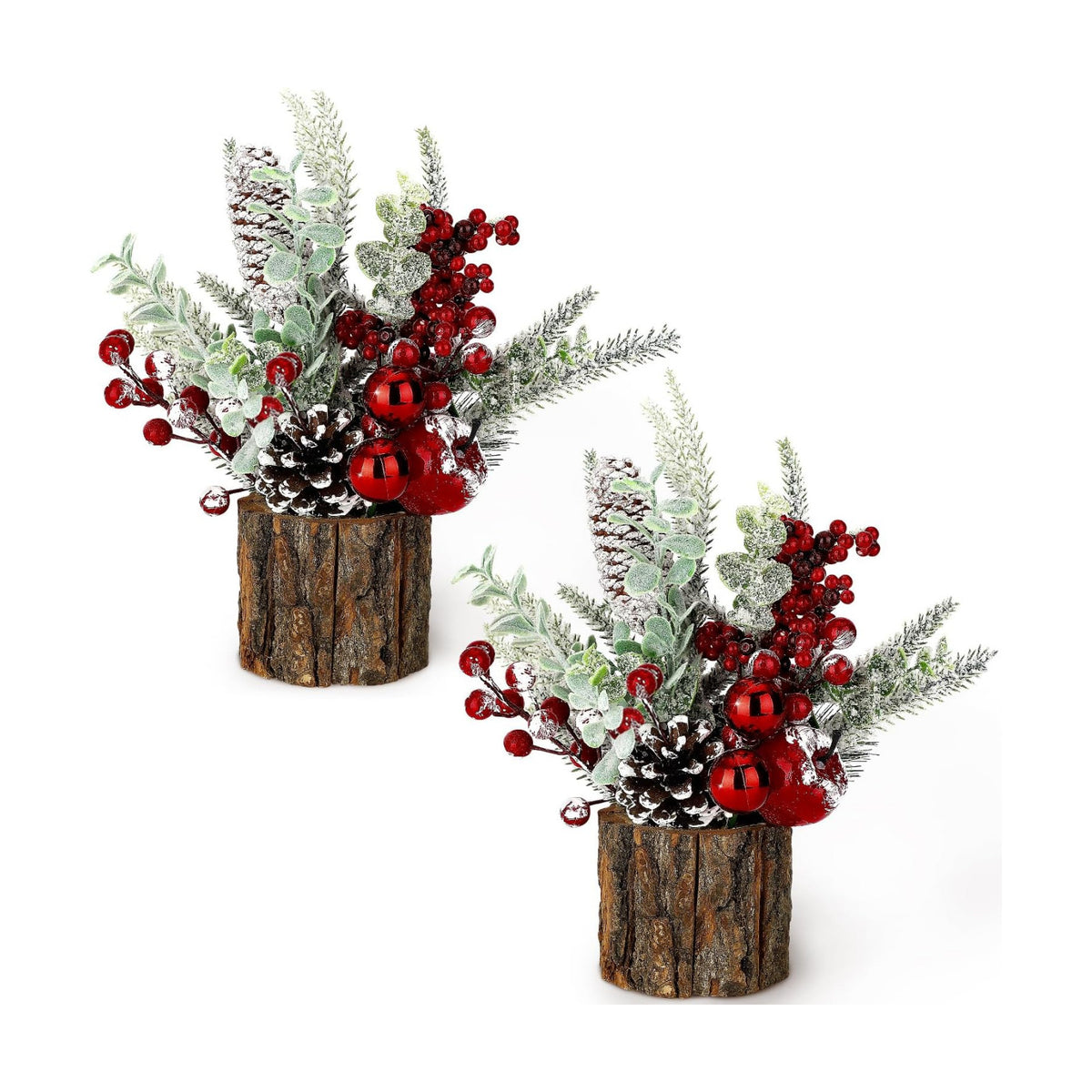 Small Christmas Tree Tabletop Artificial Mini Christmas Tree Decorations with Holiday Ornaments Red Berry Pine Cone Greenery for Home Indoor Fireplace Mantel Xmas Decor (2pcs -Tree Stump-Red)