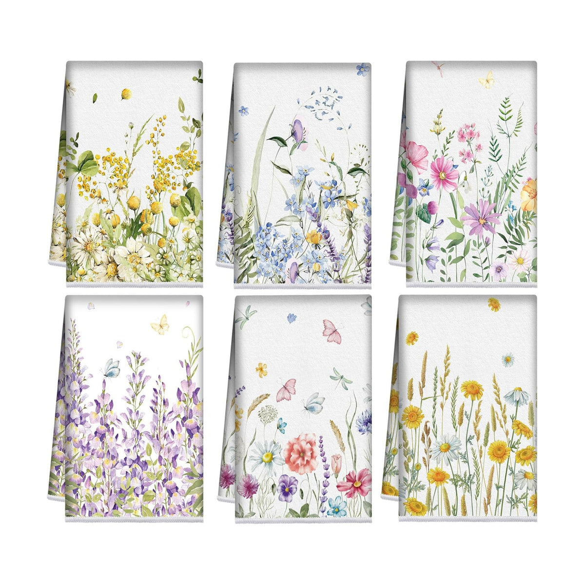 Redbaker 6 Pcs Wildflower Kitchen Towels Floral Butterfly Dish Cloth Set