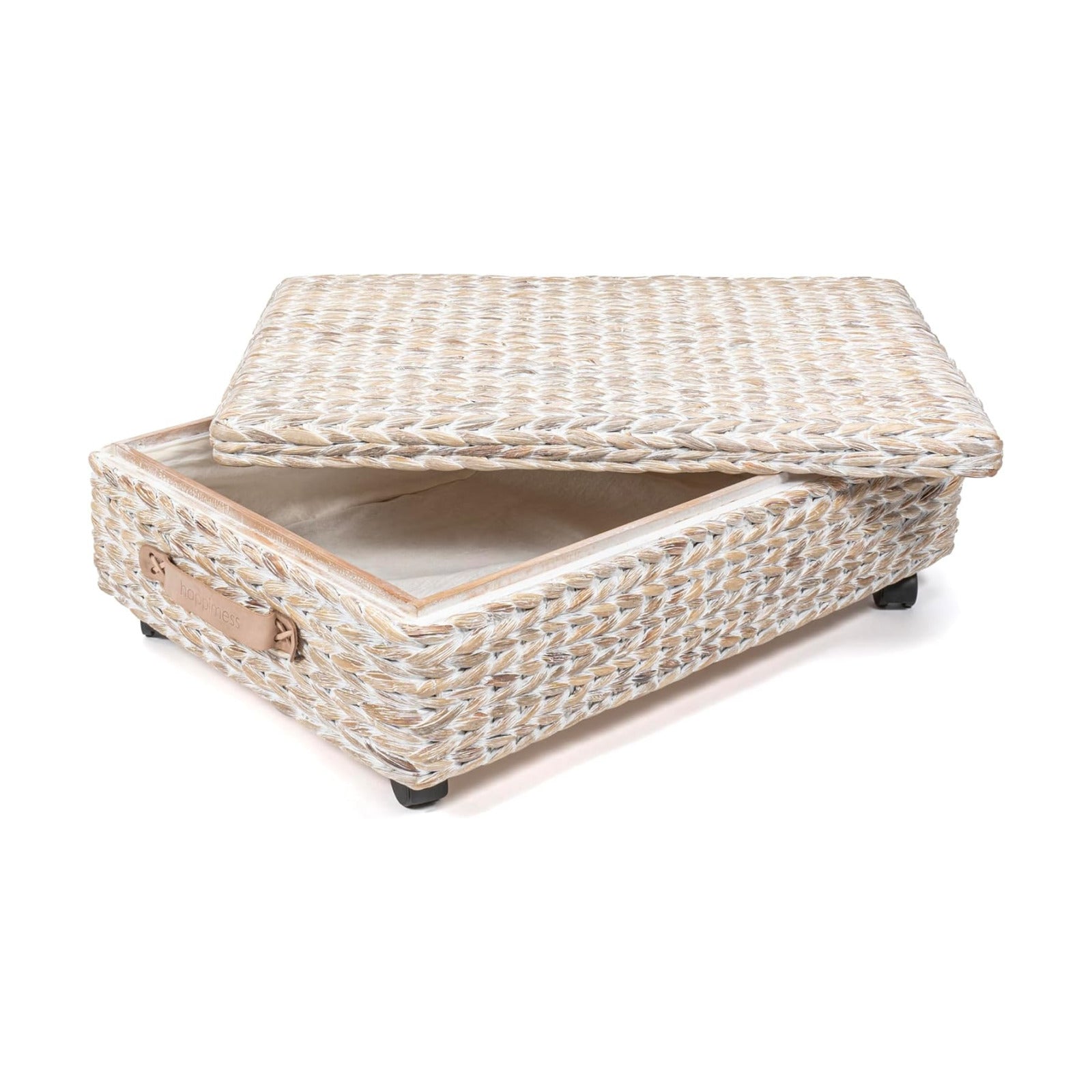 BSK1006C 26.38" Chett Minimalist Hand-Woven Hyacinth/Wood Underbed Storage Bin / White Wash
