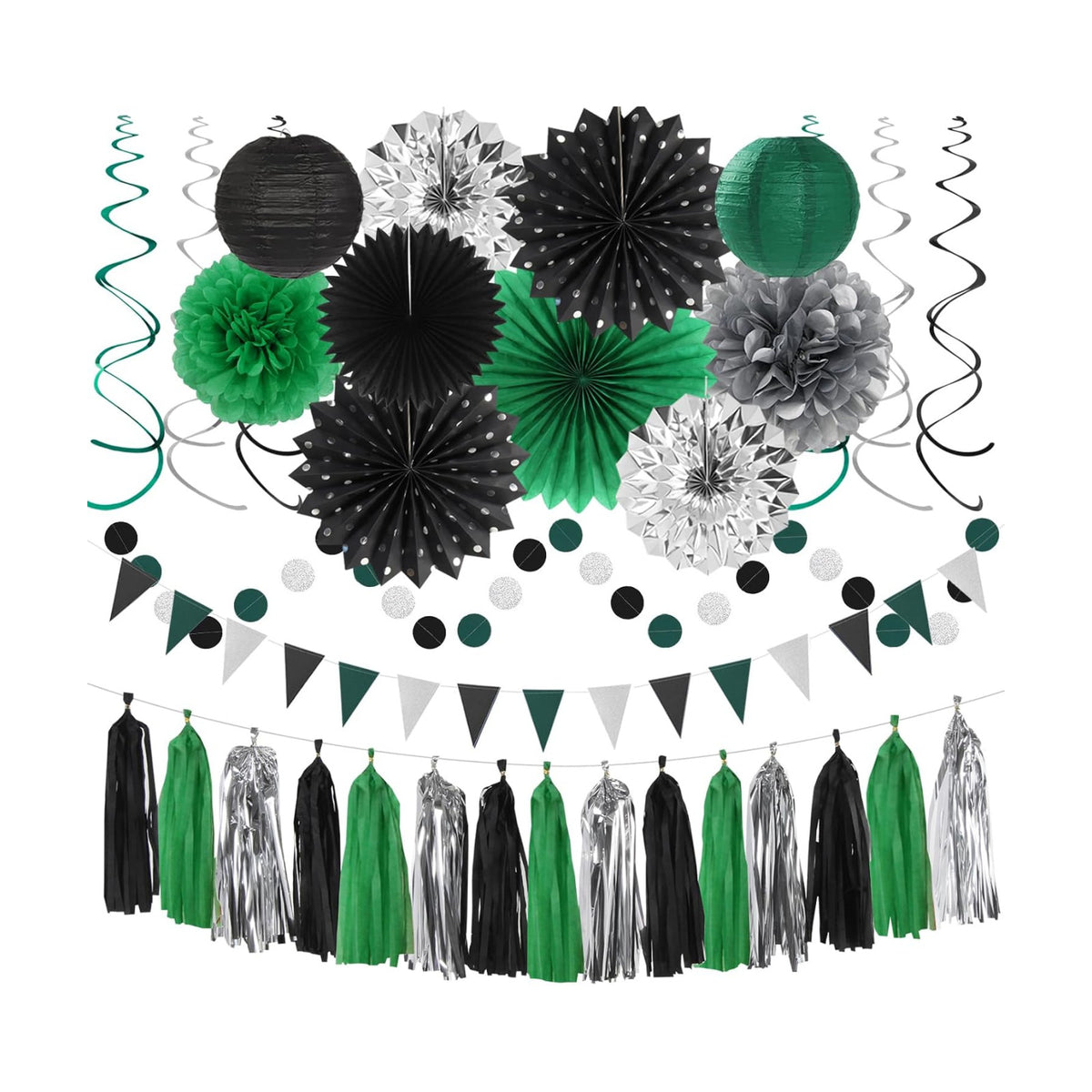 Black Green Silver Football Party-Decorations - 33pcs Banner,Soccer Graduation Streamers Tassel Garland,Tissue Pom Poms Honeycomb,Paper Lantern Fans,Men Boys Birthday Spring Summer Jungle Decor Hugtmr