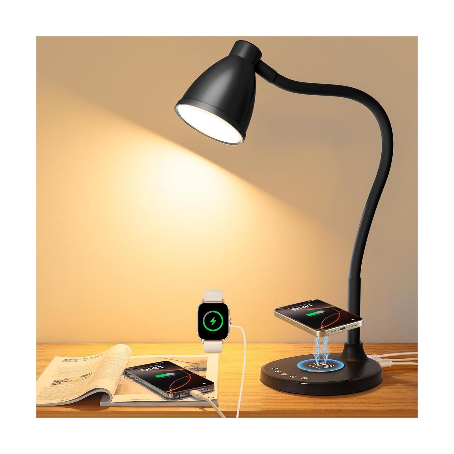 BOHON Desk Lamp for Home Office with USB C+A Charging Ports Timer Black | LED Desk Light with Wireless Charger 5 Colors